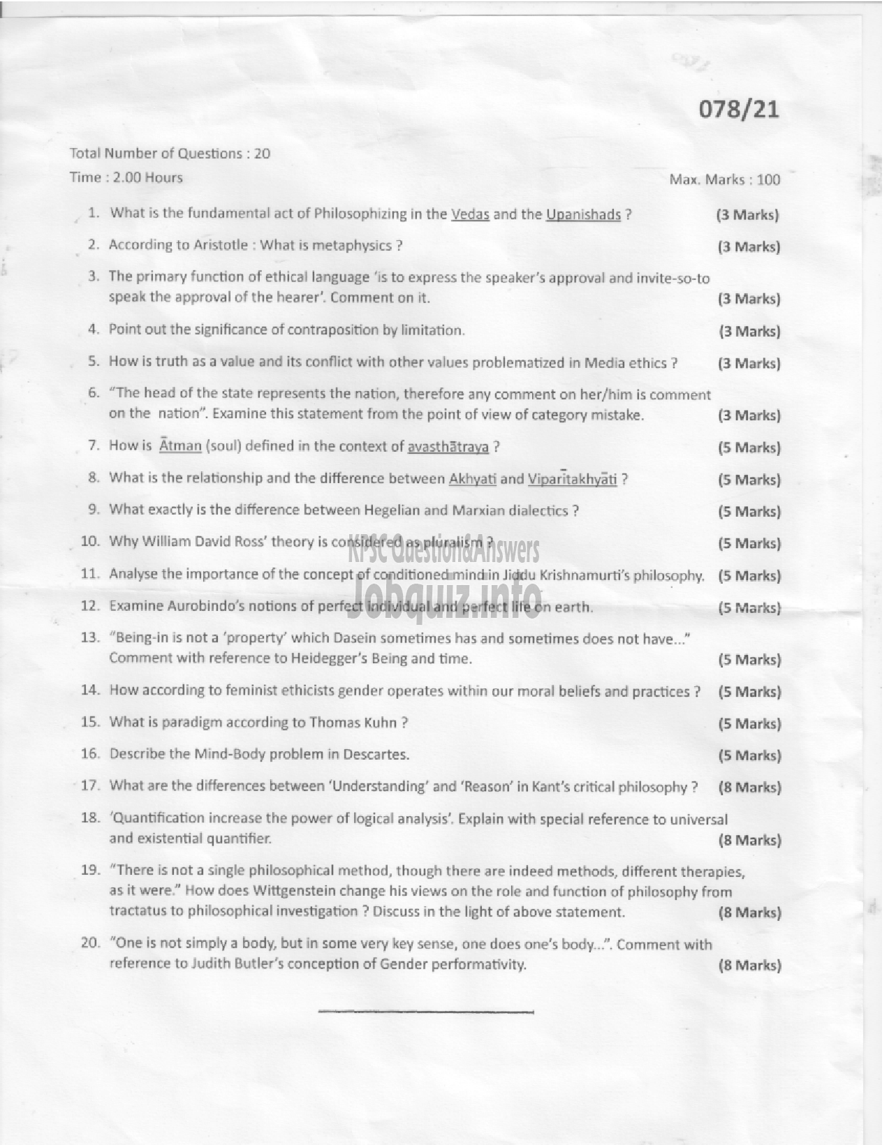 Kerala PSC Question Paper - ASSISTANT PROFESSOR PHILOSOPHY (DESCRIPTIVE)-1