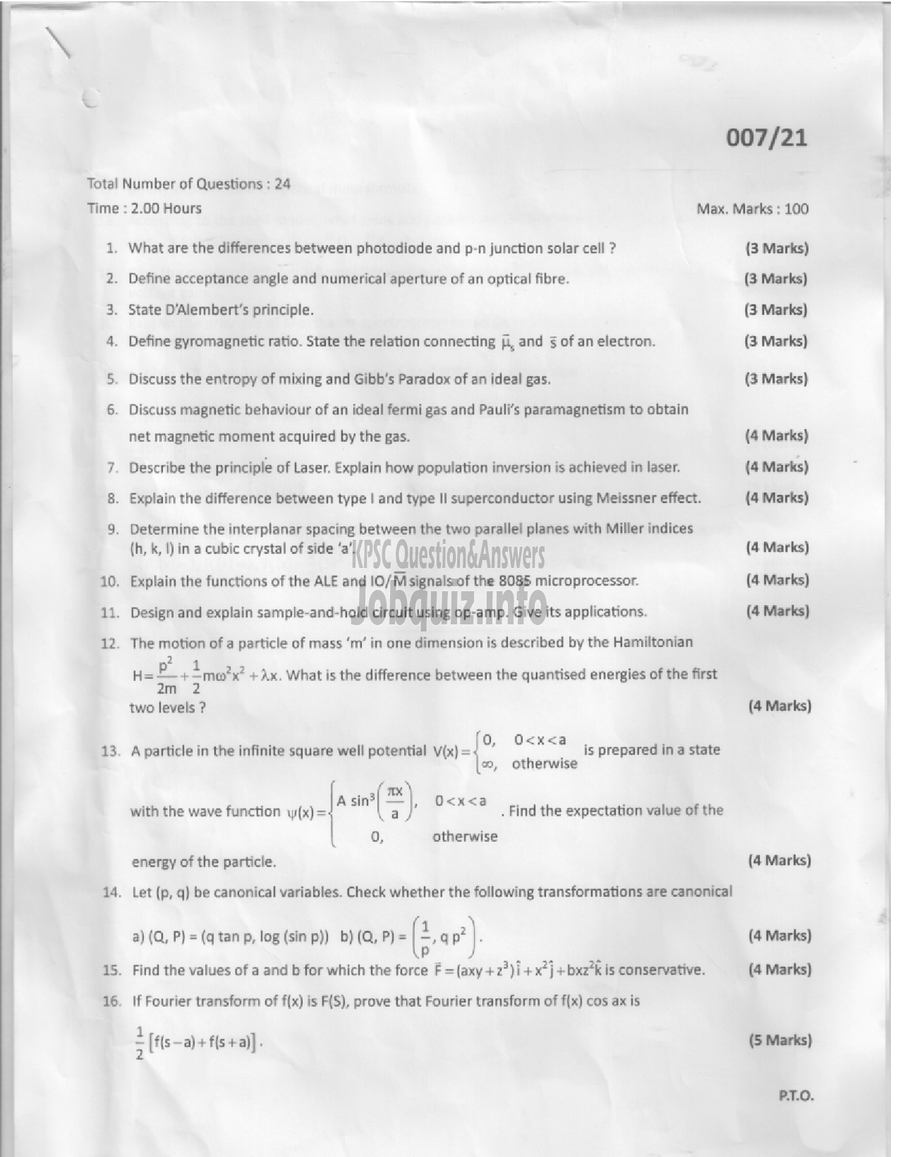 Kerala PSC Question Paper - ASSISTANT PROFESSOR - PHYSICS-1