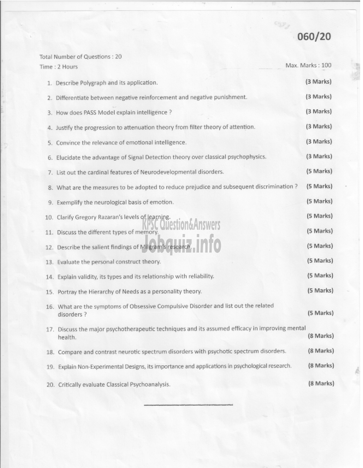 Kerala PSC Question Paper - ASSISTANT PROFESSOR - PSYCHOLOGY-1