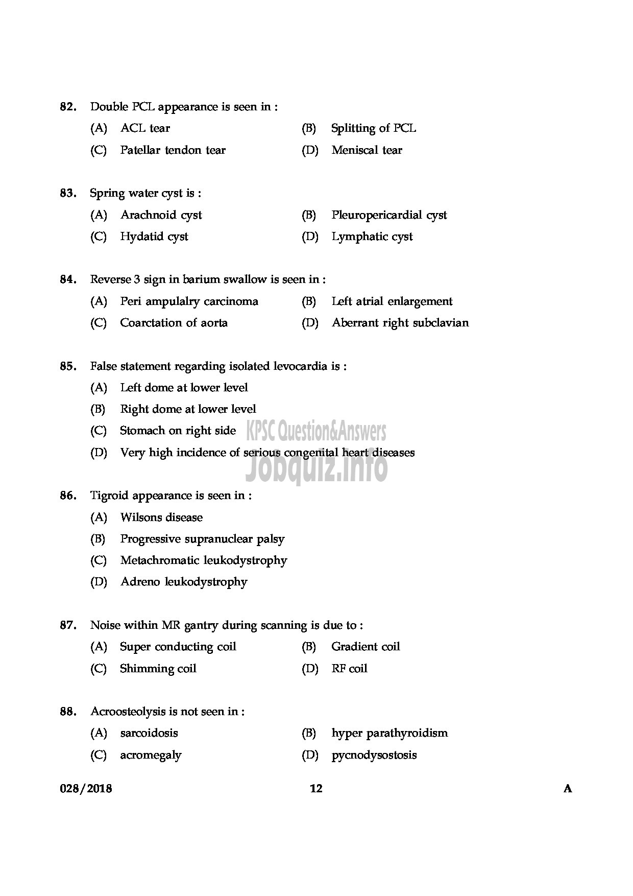 Kerala PSC Question Paper - ASSISTANT PROFESSOR RADIO DIGNOSIS MEDICAL EDUCATION DEPARTMENT-12