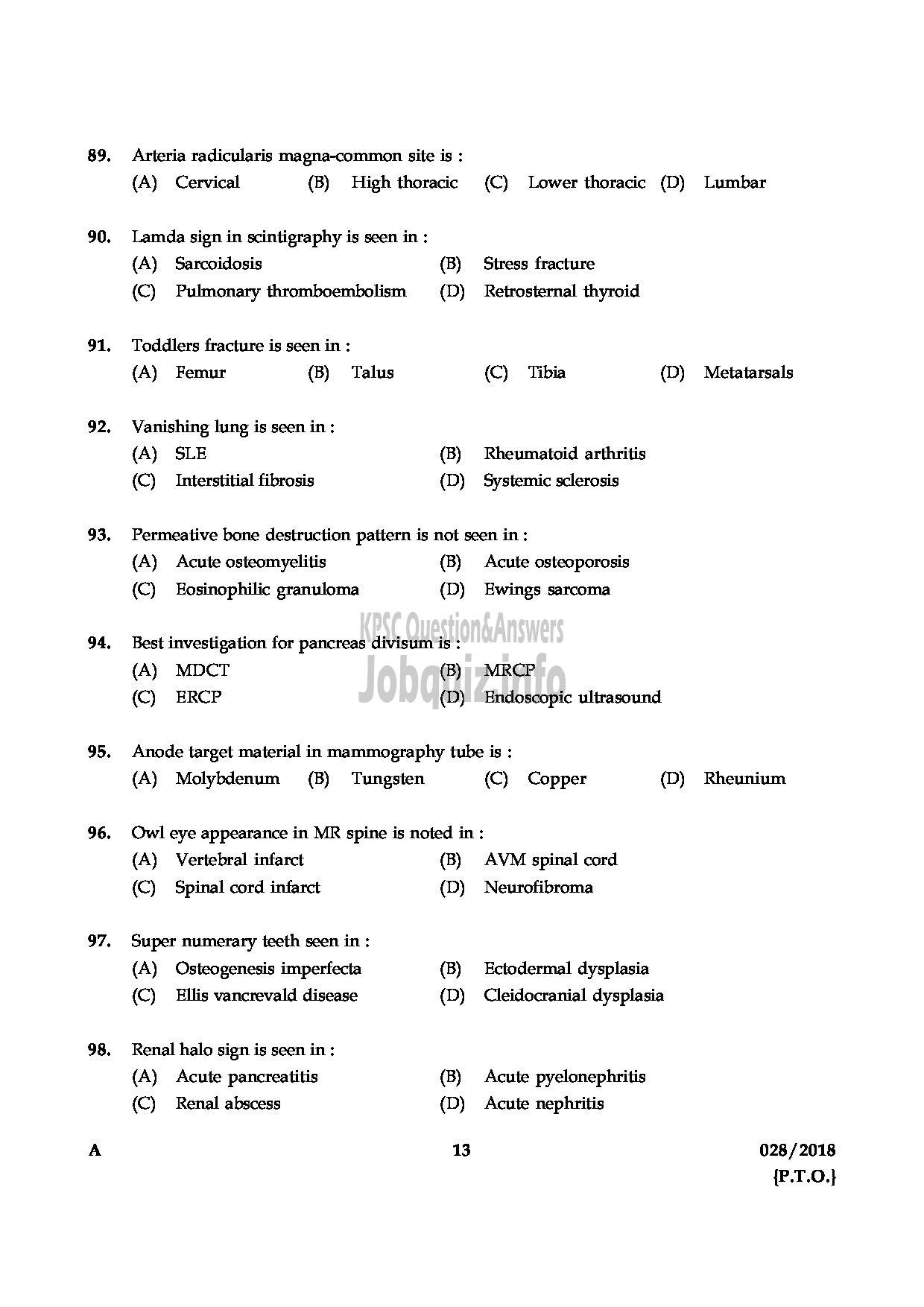 Kerala PSC Question Paper - ASSISTANT PROFESSOR RADIO DIGNOSIS MEDICAL EDUCATION DEPARTMENT-13