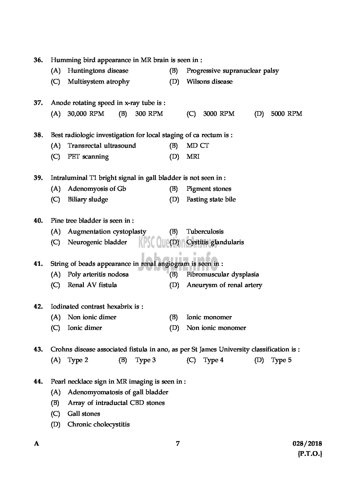 Kerala PSC Question Paper - ASSISTANT PROFESSOR RADIO DIGNOSIS MEDICAL EDUCATION DEPARTMENT-7