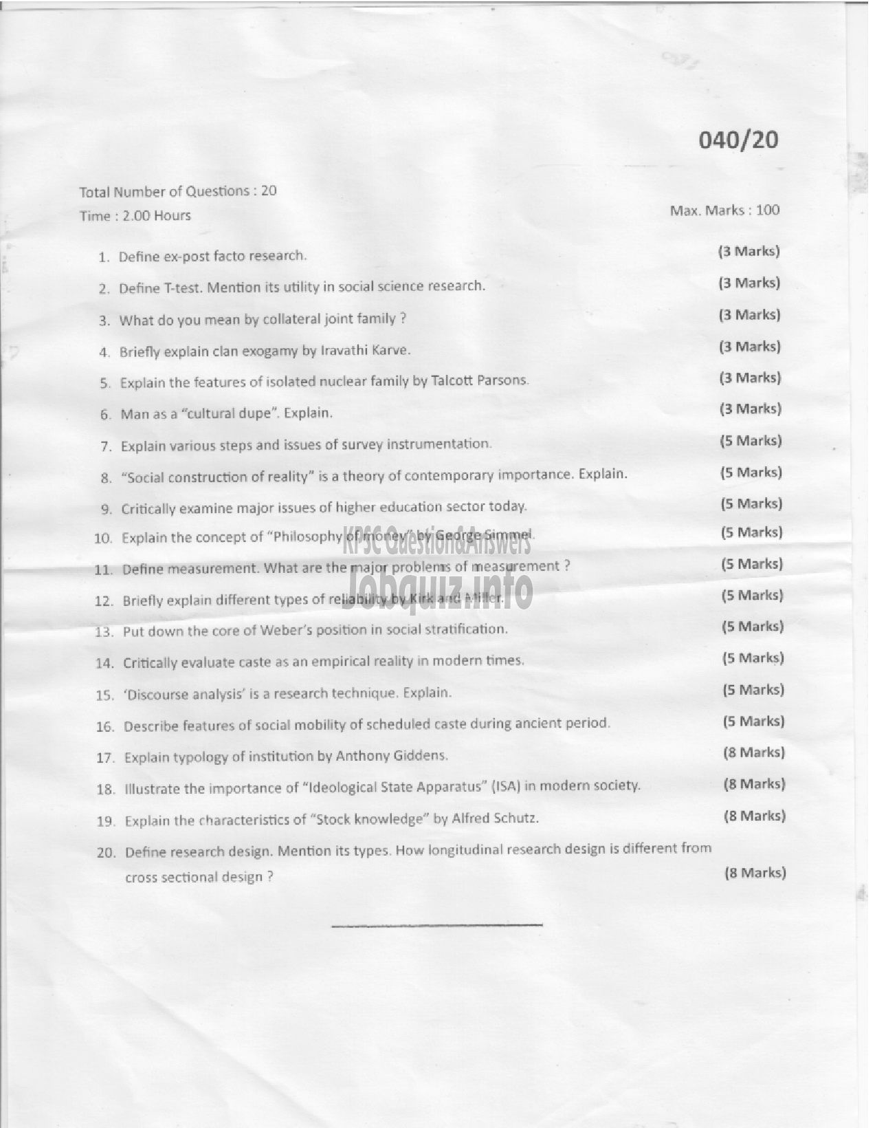 Kerala PSC Question Paper - ASSISTANT PROFESSOR SOCIOLOGY-1