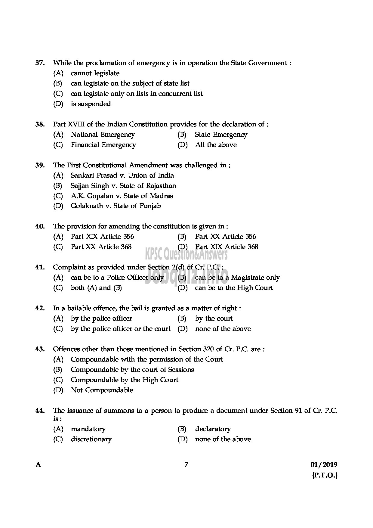 Kerala PSC Question Paper - ASSISTANT PUBLIC PROSECUTOR GR II KERALA STATE ASSISTANT PUBLIC PROSECUTORS SERVICE-7