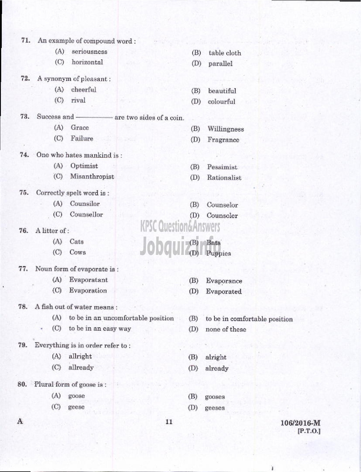 Kerala PSC Question Paper - ASSISTANT SALESMAN KERALA STATE CIVIL SUPPLIES CORPORATION LTD ( Malayalam ) -9