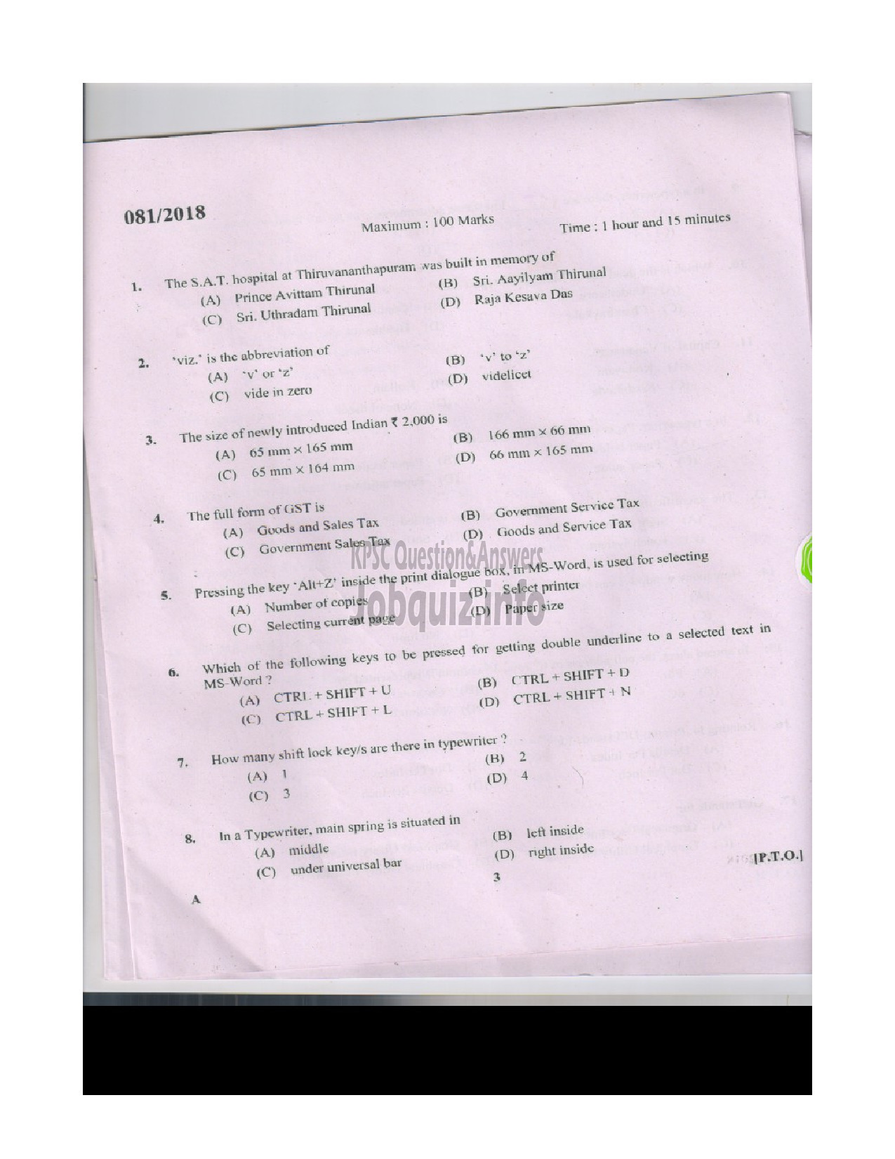 Kerala PSC Question Paper - ASSISTANT STENOGRAPHER CONFIDENTIAL ASST.GR.II L.D.TYPIST CLERK TYPIST KMTWWFB GOVT.OWNED-2