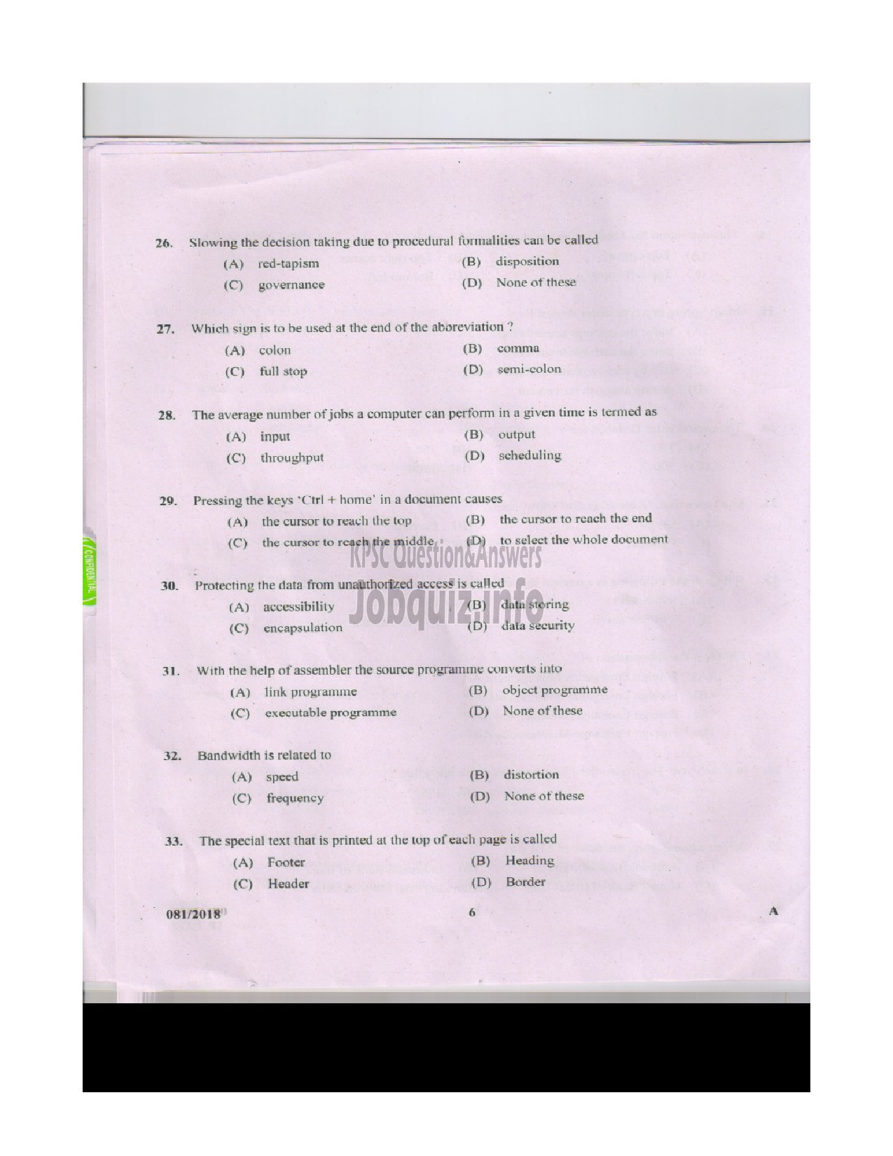 Kerala PSC Question Paper - ASSISTANT STENOGRAPHER CONFIDENTIAL ASST.GR.II L.D.TYPIST CLERK TYPIST KMTWWFB GOVT.OWNED-5