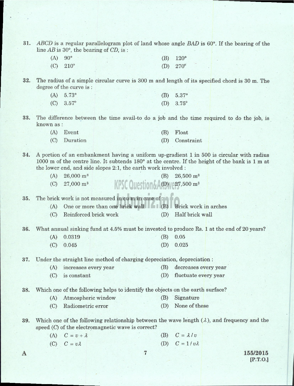 Kerala PSC Question Paper - ASSISTANT TOWN PLANNER TOWN AND COUNTRY PLANNING-5