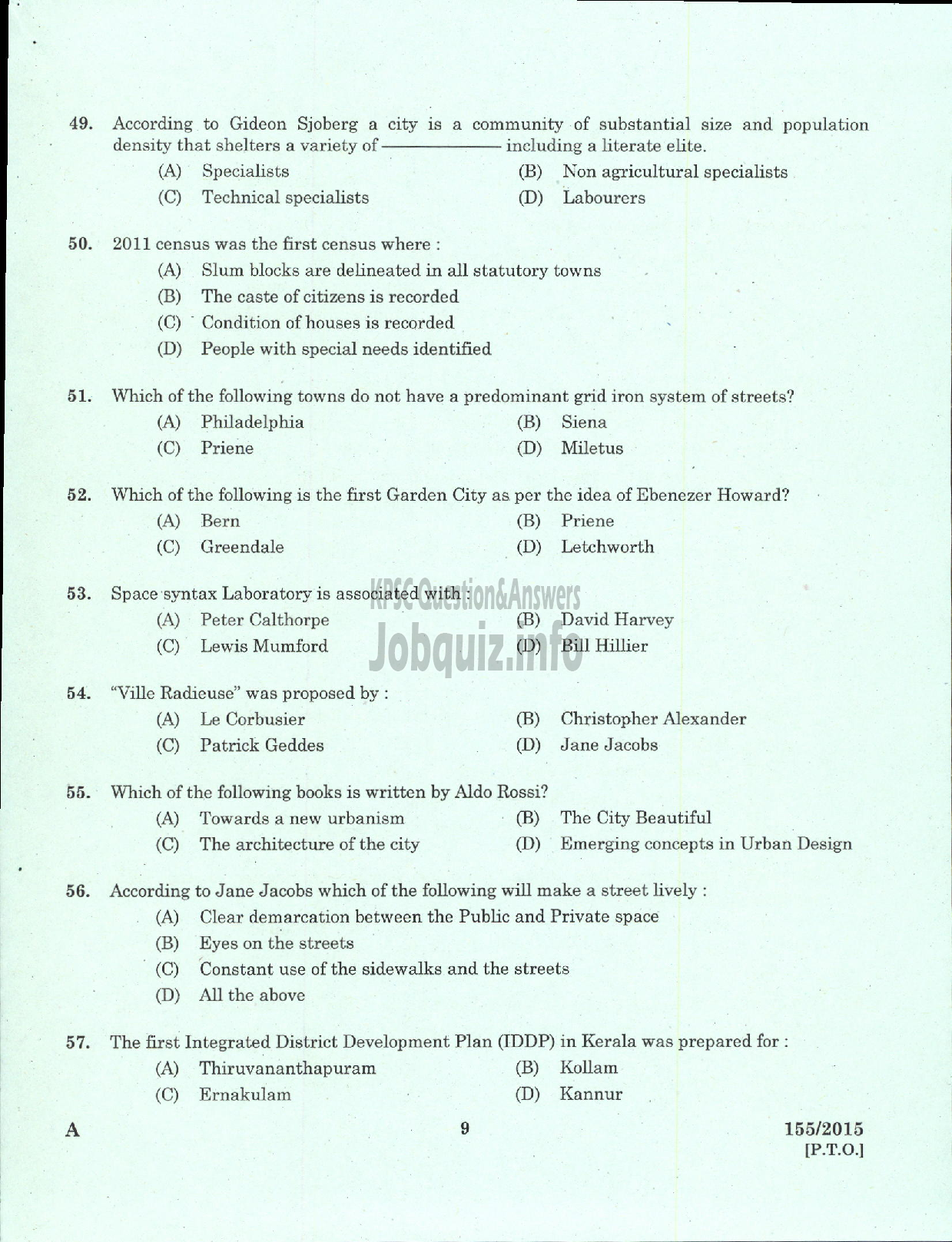 Kerala PSC Question Paper - ASSISTANT TOWN PLANNER TOWN AND COUNTRY PLANNING-7