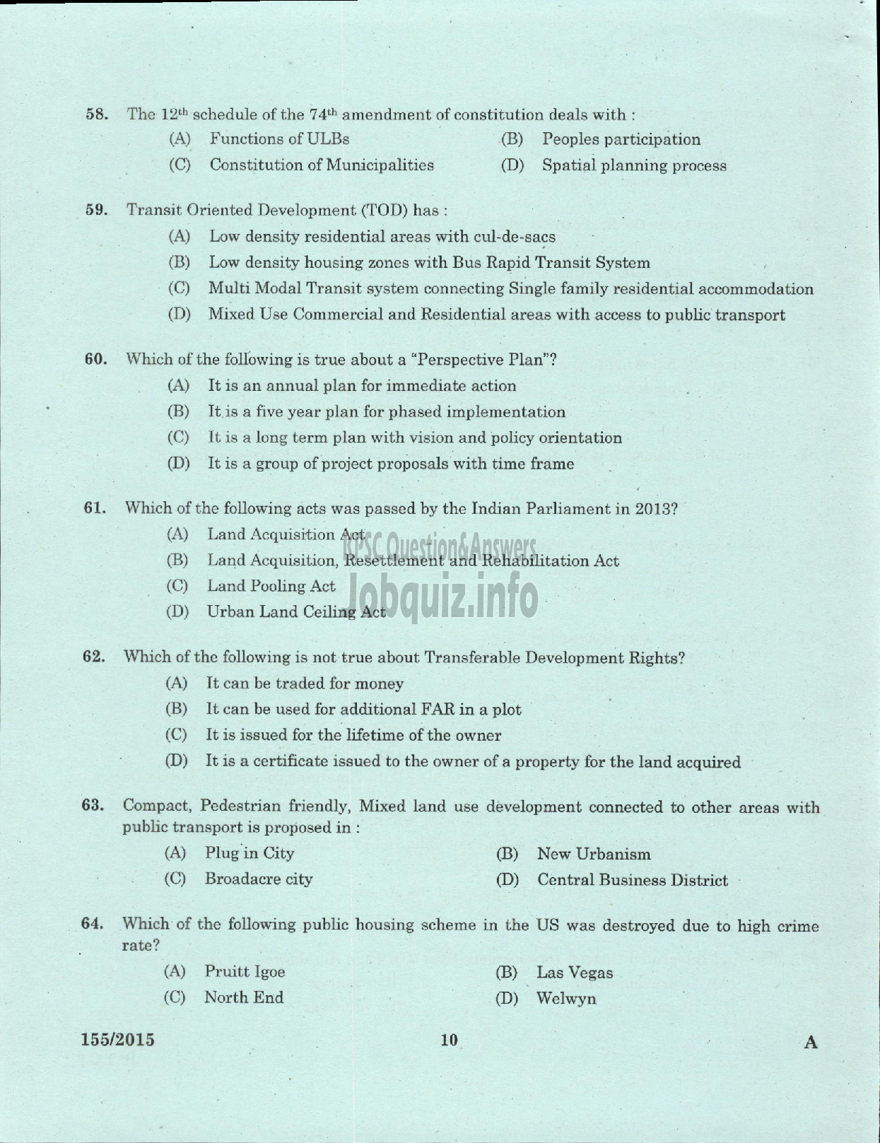 Kerala PSC Question Paper - ASSISTANT TOWN PLANNER TOWN AND COUNTRY PLANNING-8