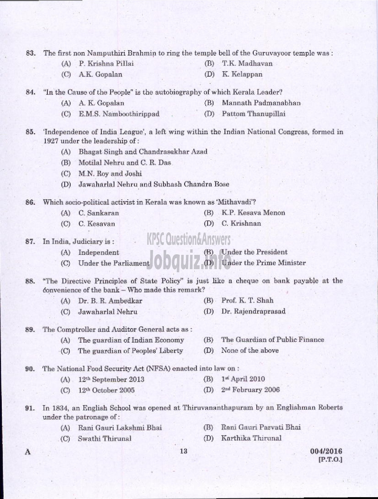 Kerala PSC Question Paper - ASSISTANT TRANSPORT OFFICER KSRTC-11