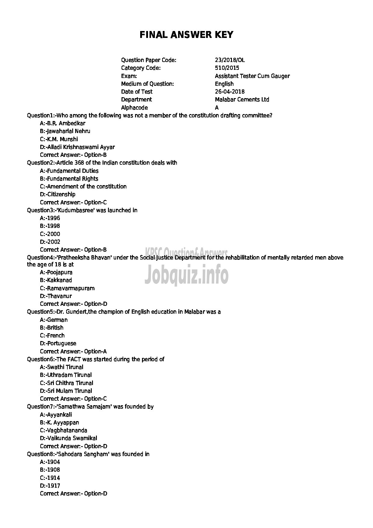 Kerala PSC Question Paper - ASSITANT TESTER CUM GAUGER MALABAR CEMMENTS LTD-1