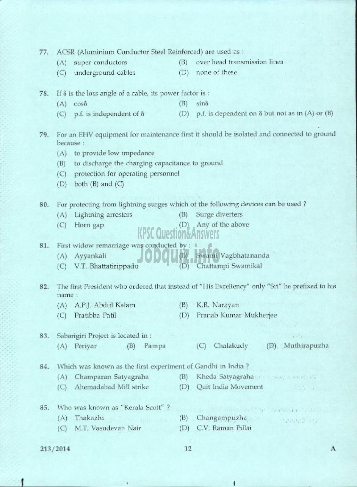 Kerala PSC Question Paper - ASST ENGINEER ELECTRICAL PWD/IRRIGATION/TRAVANCORE TITANIUM PRODUCTS LTD-10