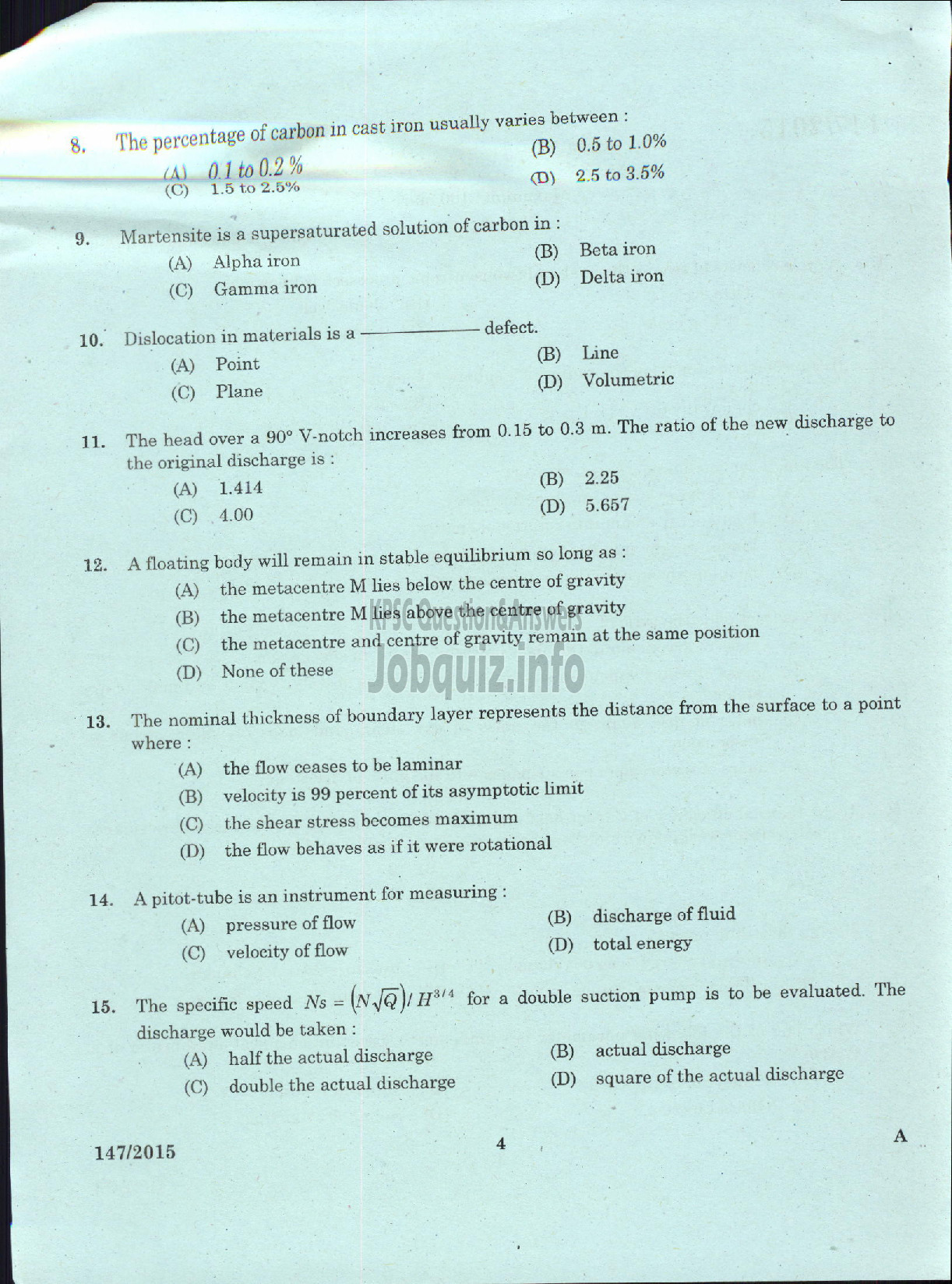 Kerala PSC Question Paper - ASST ENGINEER MECHANICAL TTP LTD / ASST ENGINEER MECHANICAL SFC OF KERALA LTD-2