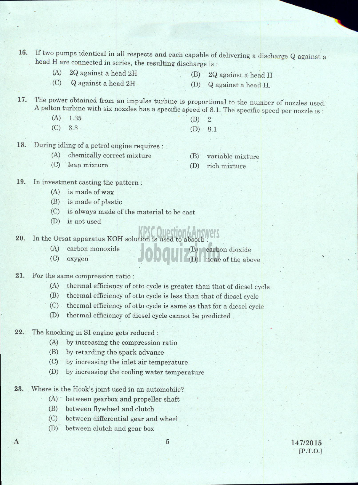 Kerala PSC Question Paper - ASST ENGINEER MECHANICAL TTP LTD / ASST ENGINEER MECHANICAL SFC OF KERALA LTD-3