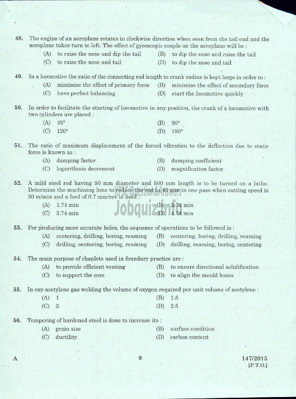 Kerala PSC Question Paper - ASST ENGINEER MECHANICAL TTP LTD / ASST ENGINEER MECHANICAL SFC OF KERALA LTD-7