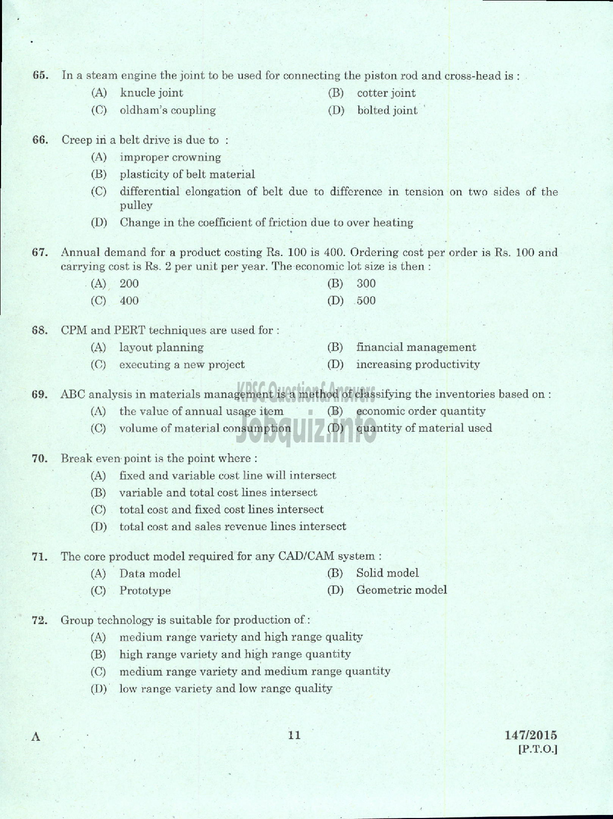 Kerala PSC Question Paper - ASST ENGINEER MECHANICAL TTP LTD / ASST ENGINEER MECHANICAL SFC OF KERALA LTD-9