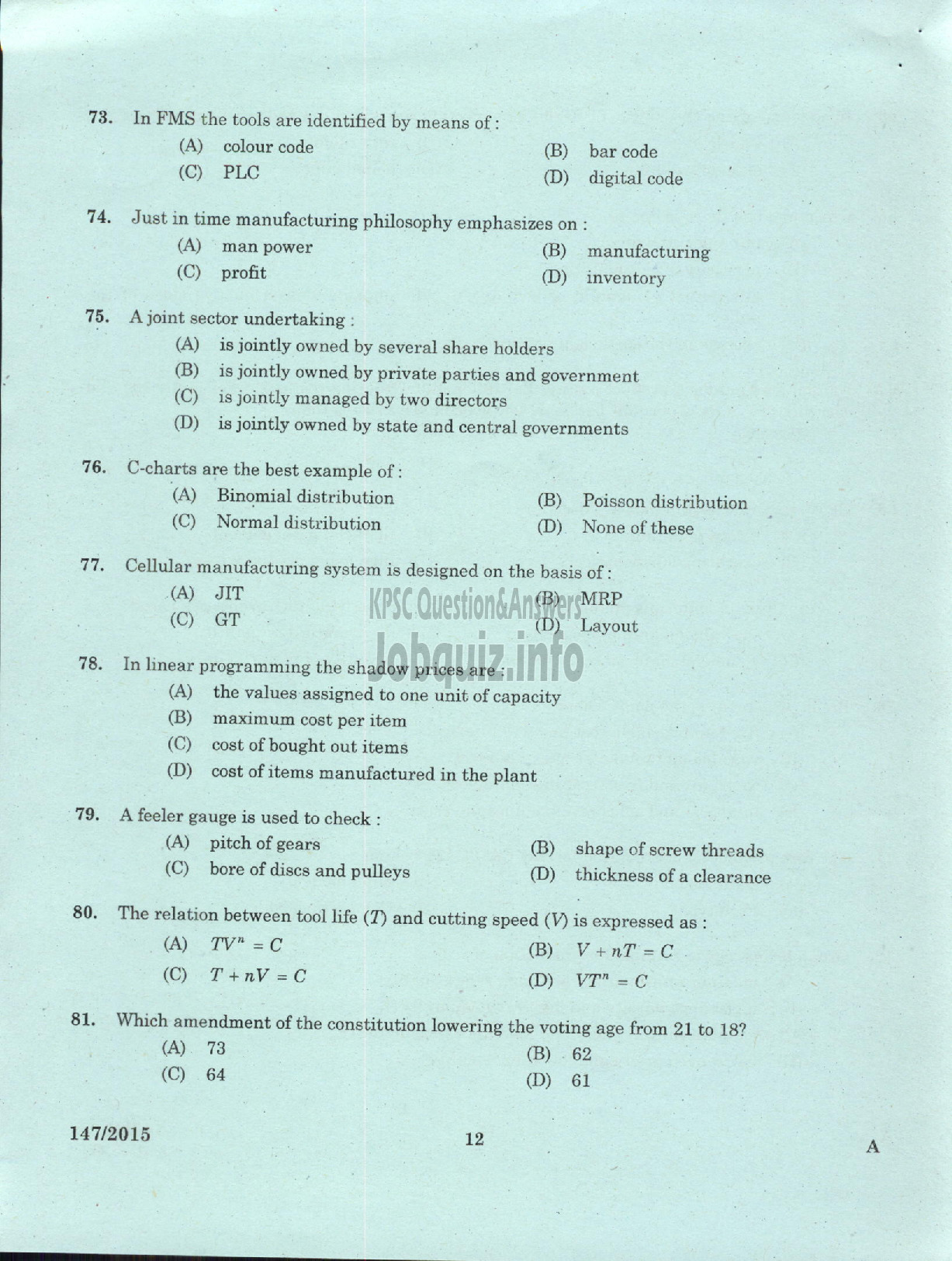Kerala PSC Question Paper - ASST ENGINEER MECHANICAL TTP LTD / ASST ENGINEER MECHANICAL SFC OF KERALA LTD-10