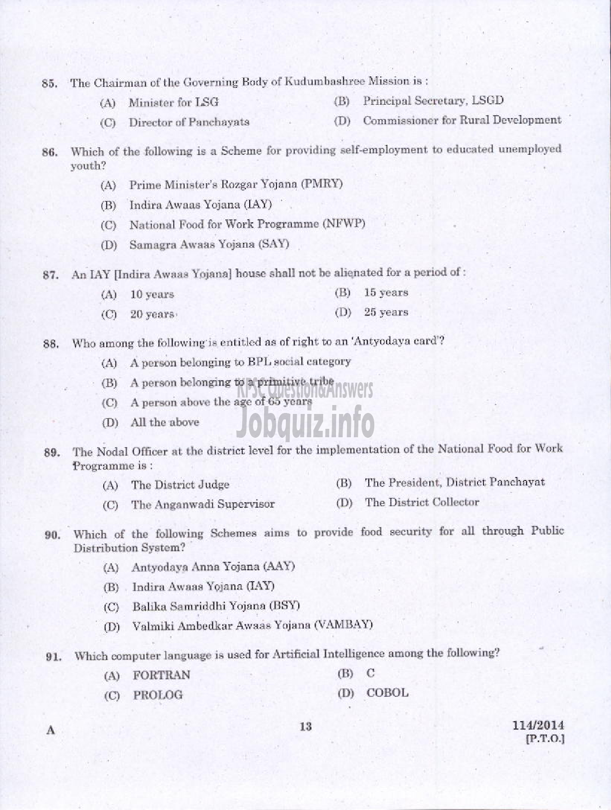 Kerala PSC Question Paper - ASST JAILOR GR I JAIL/ARMED POLICE SUB INSPECTOR TRAINEE POLICE APB/EXCISE INSPECTOR EXCISE/SI OF POLICE TRAINEE POLICE GEB/ARMED POLICE SI SR FOR SC/ST POLICE APB-11