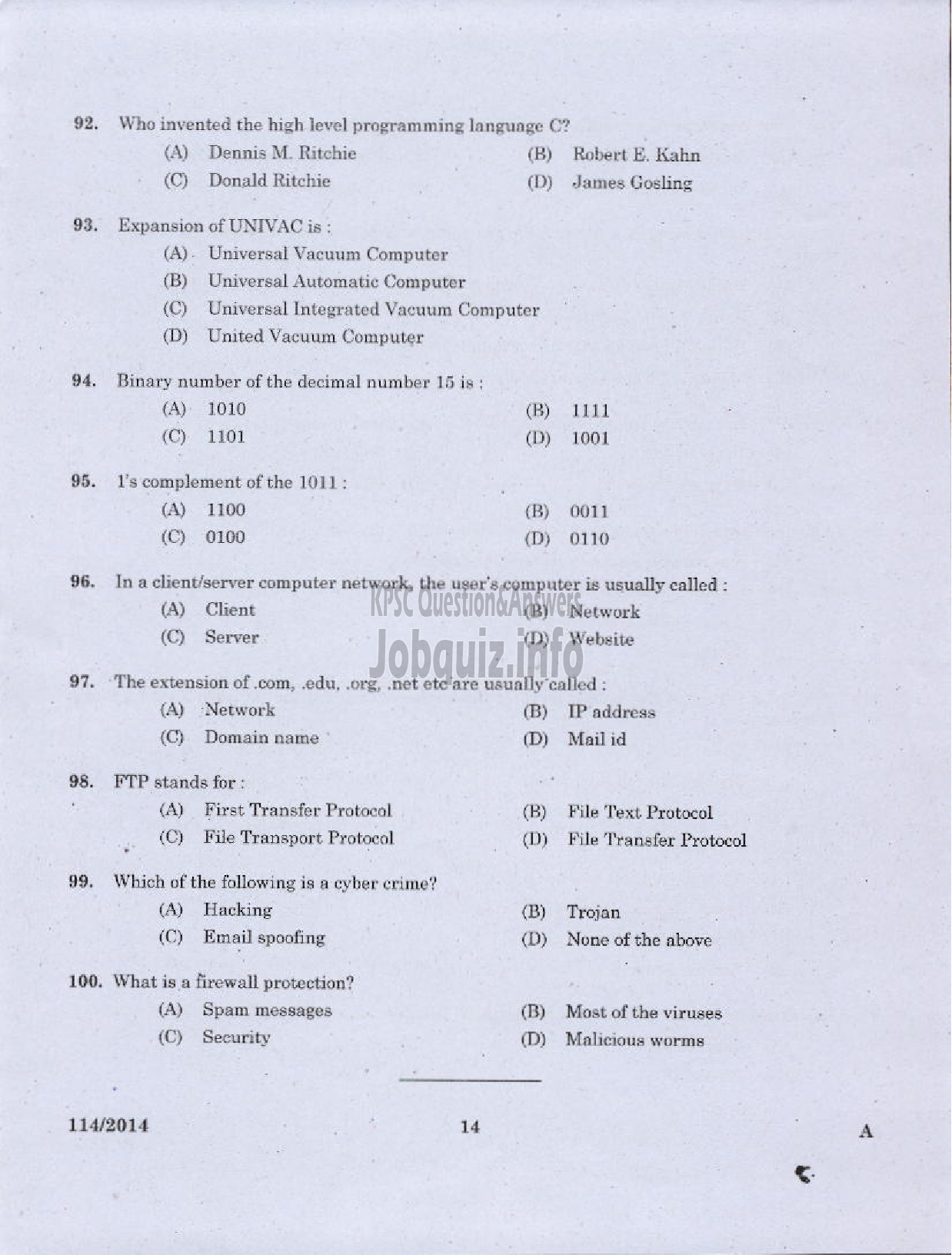 Kerala PSC Question Paper - ASST JAILOR GR I JAIL/ARMED POLICE SUB INSPECTOR TRAINEE POLICE APB/EXCISE INSPECTOR EXCISE/SI OF POLICE TRAINEE POLICE GEB/ARMED POLICE SI SR FOR SC/ST POLICE APB-12