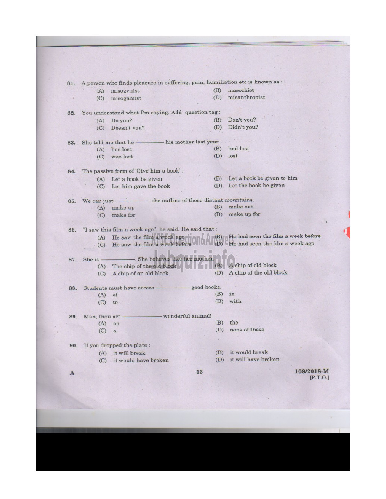 Kerala PSC Question Paper - ATTENDER GR II LIGHT KEEPER SIGNALLER CLERICAL ATTENDER FEMALE ASSISTANT PRISON OFFICER LAB ATTENDER HOMOEOPATHY Malayalam/English -12