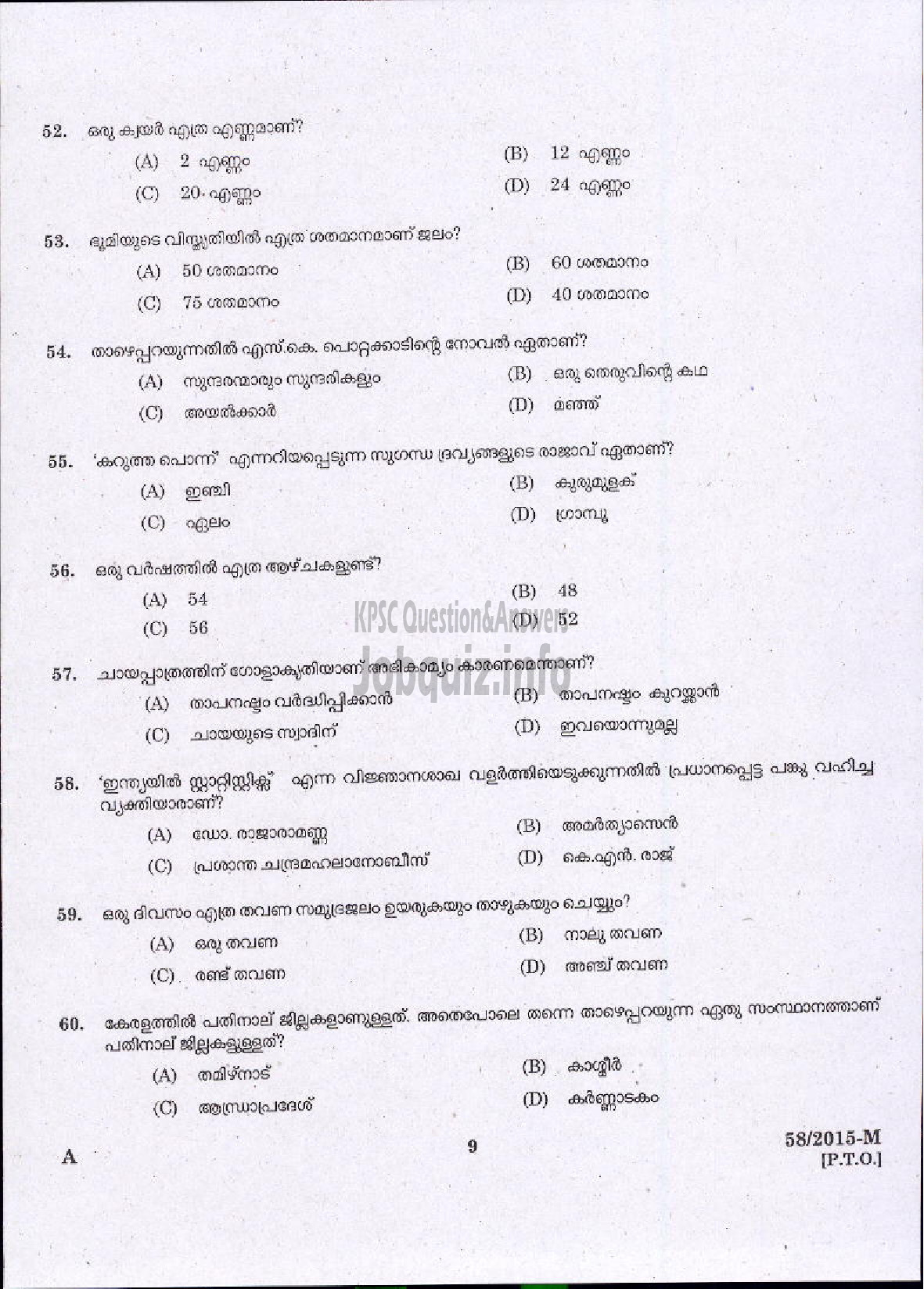 Kerala PSC Question Paper - ATTENDER KSIDC LTD ( Malayalam ) -7