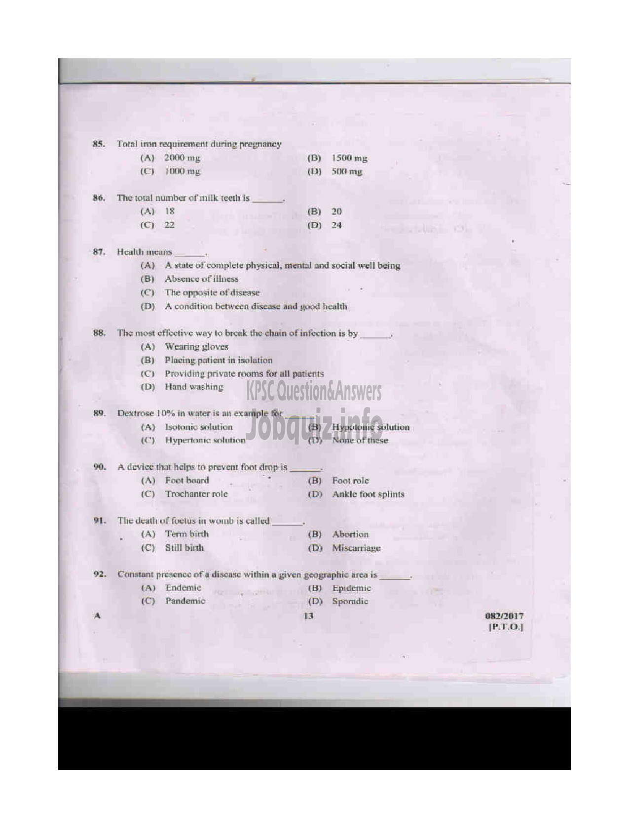 Kerala PSC Question Paper - AUXILLIARY NURSE/MIDWIFE INSURANCE MEDICAL SERVICES QUESTION PAPER-12