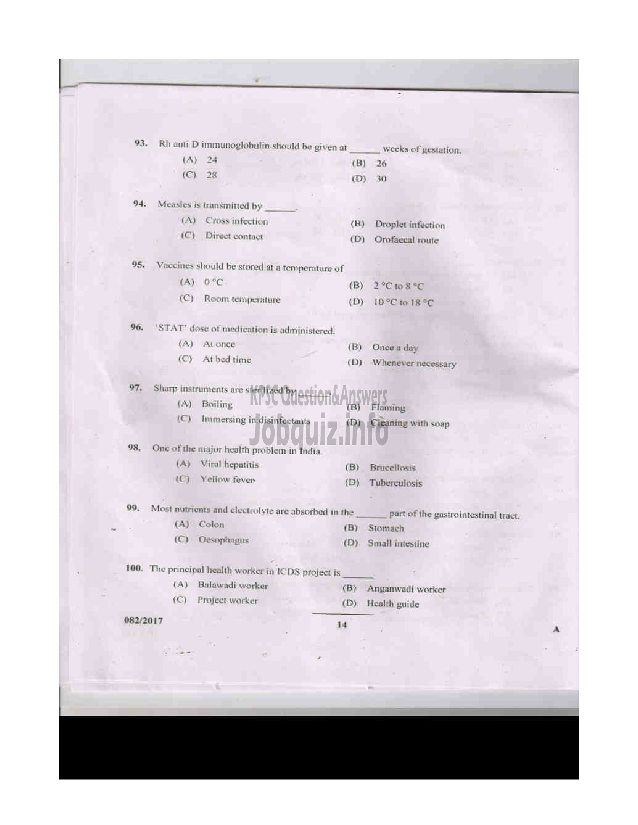 Kerala PSC Question Paper - AUXILLIARY NURSE/MIDWIFE INSURANCE MEDICAL SERVICES QUESTION PAPER-13