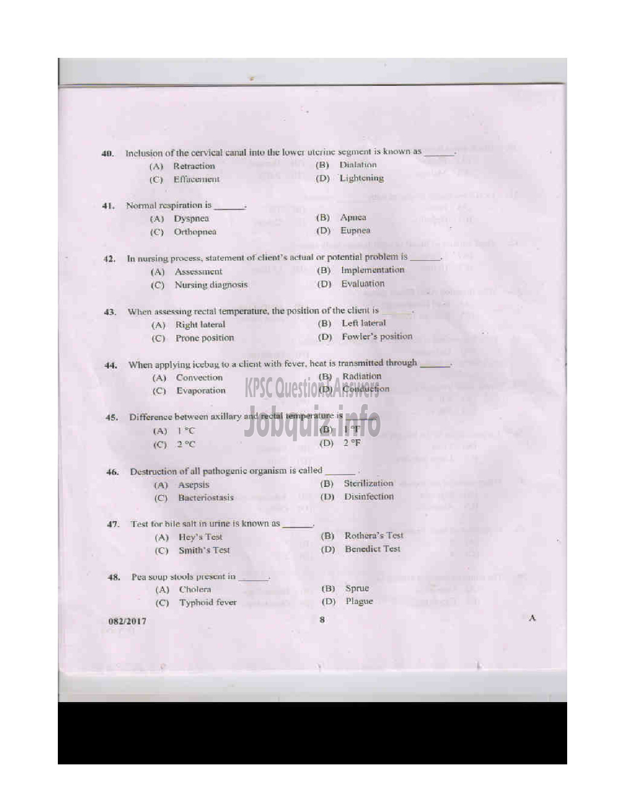 Kerala PSC Question Paper - AUXILLIARY NURSE/MIDWIFE INSURANCE MEDICAL SERVICES QUESTION PAPER-7