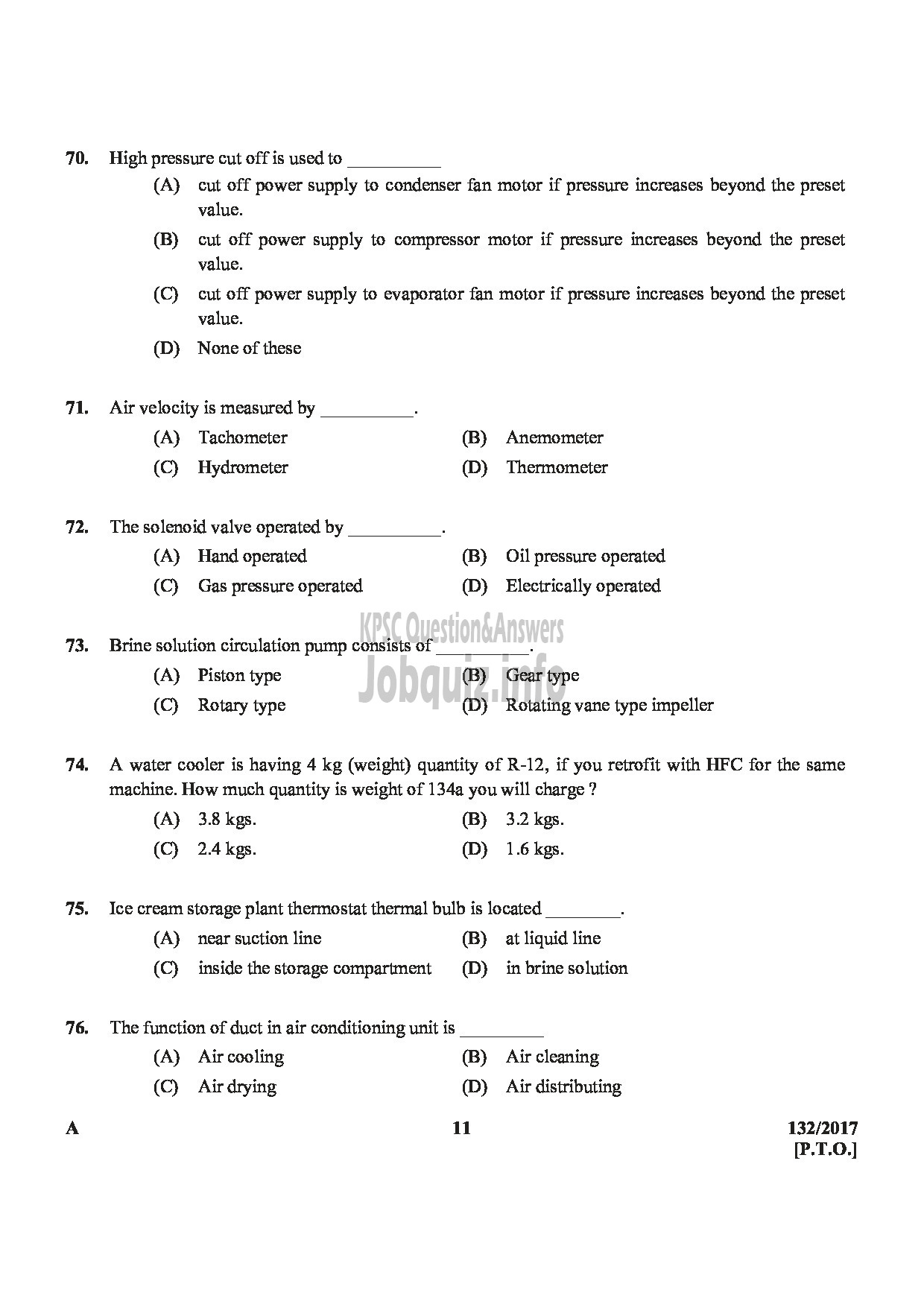 Kerala PSC Question Paper - A/C MECHANIC KTDC-11