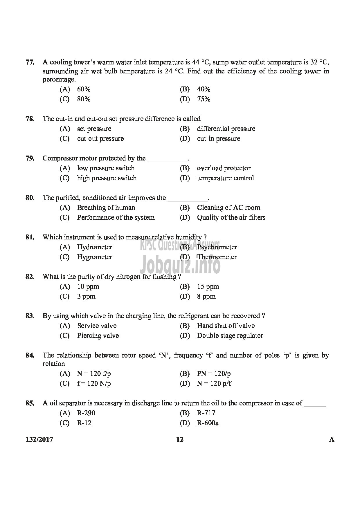 Kerala PSC Question Paper - A/C MECHANIC KTDC-12