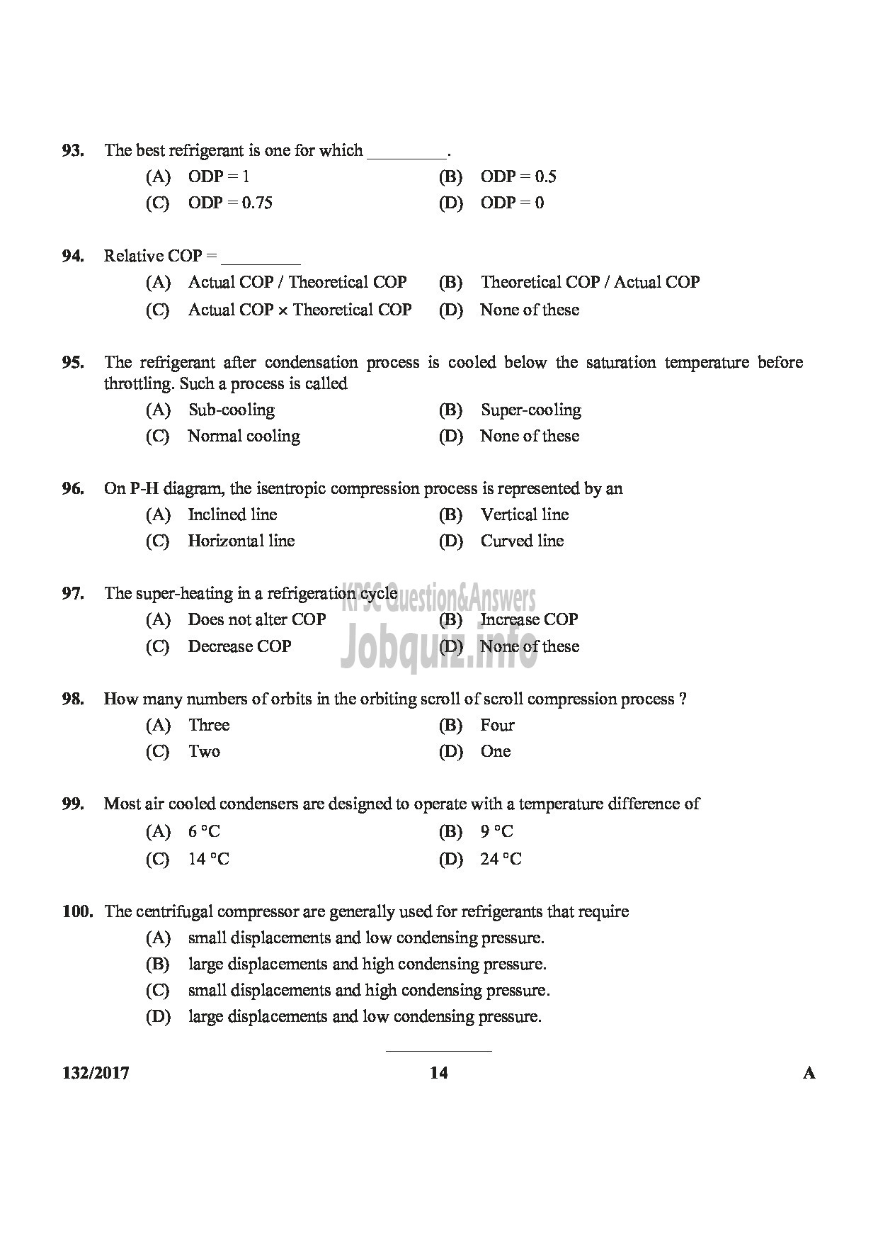 Kerala PSC Question Paper - A/C MECHANIC KTDC-14