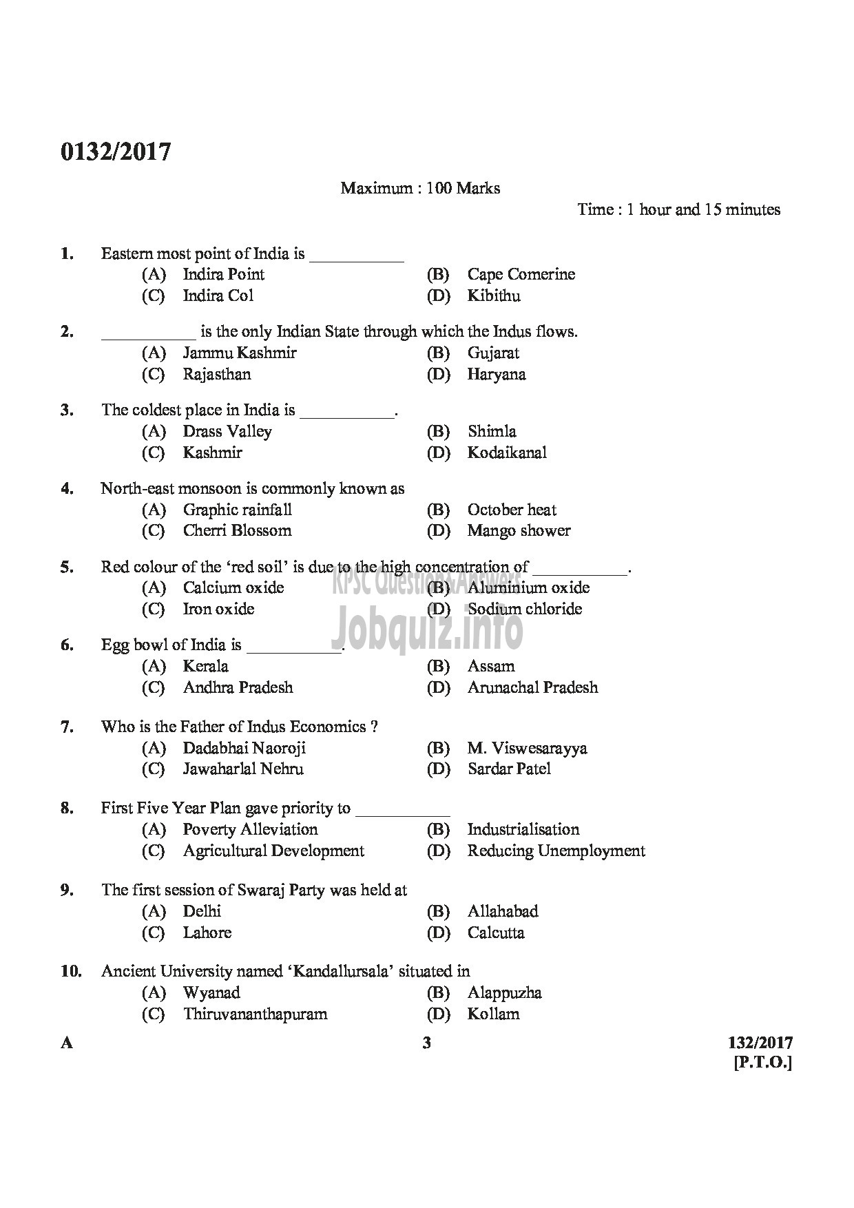 Kerala PSC Question Paper - A/C MECHANIC KTDC-3