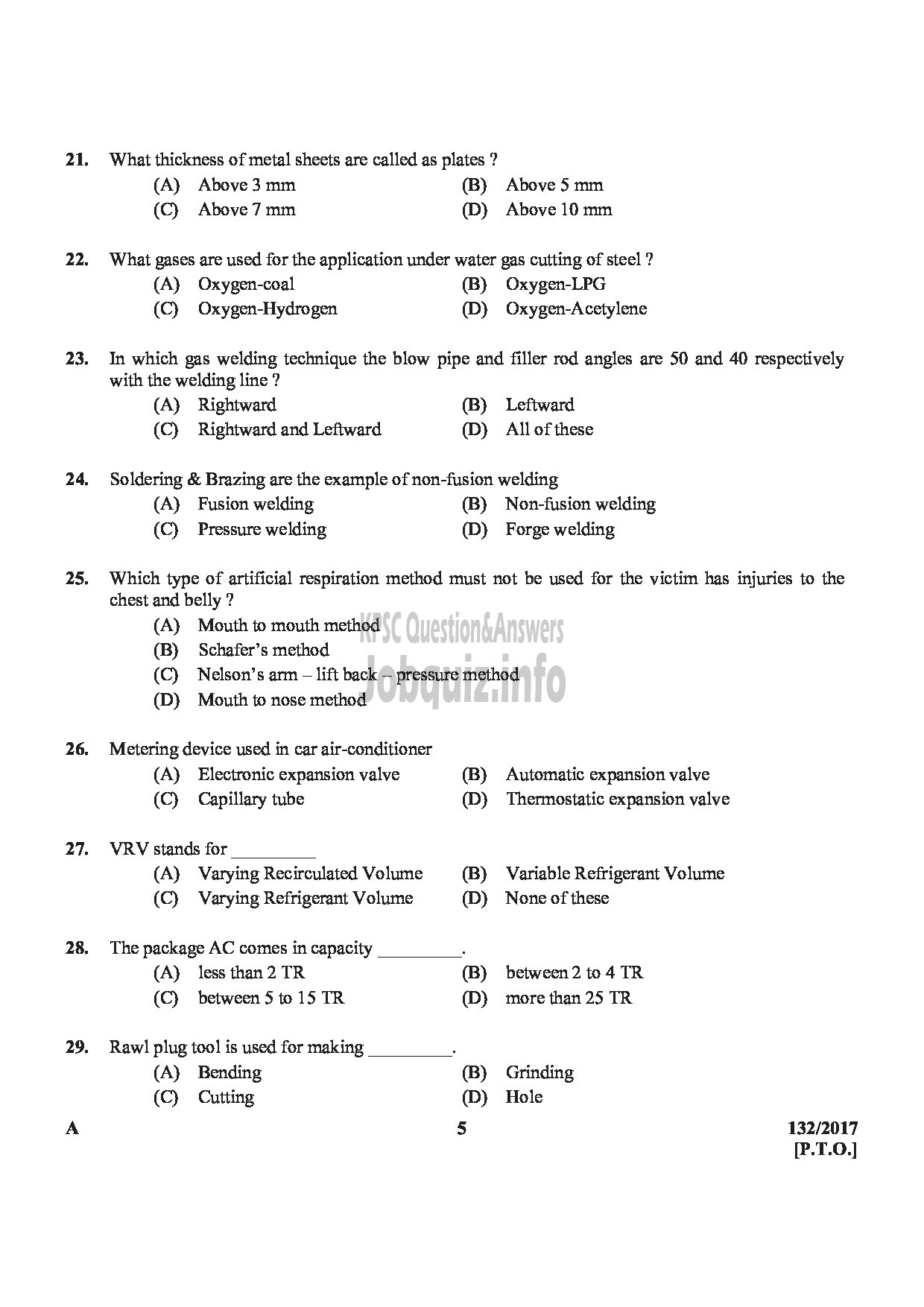 Kerala PSC Question Paper - A/C MECHANIC KTDC-5