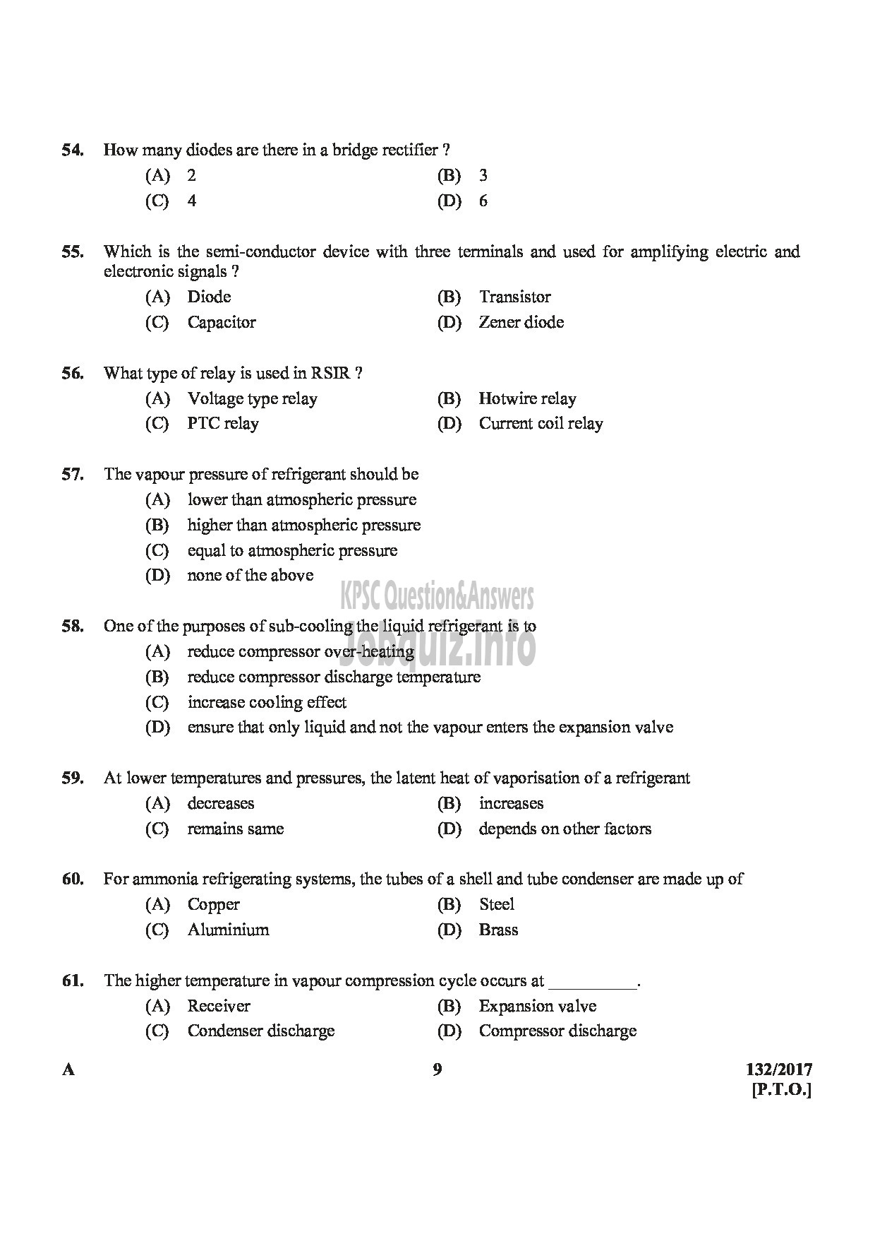 Kerala PSC Question Paper - A/C MECHANIC KTDC-9