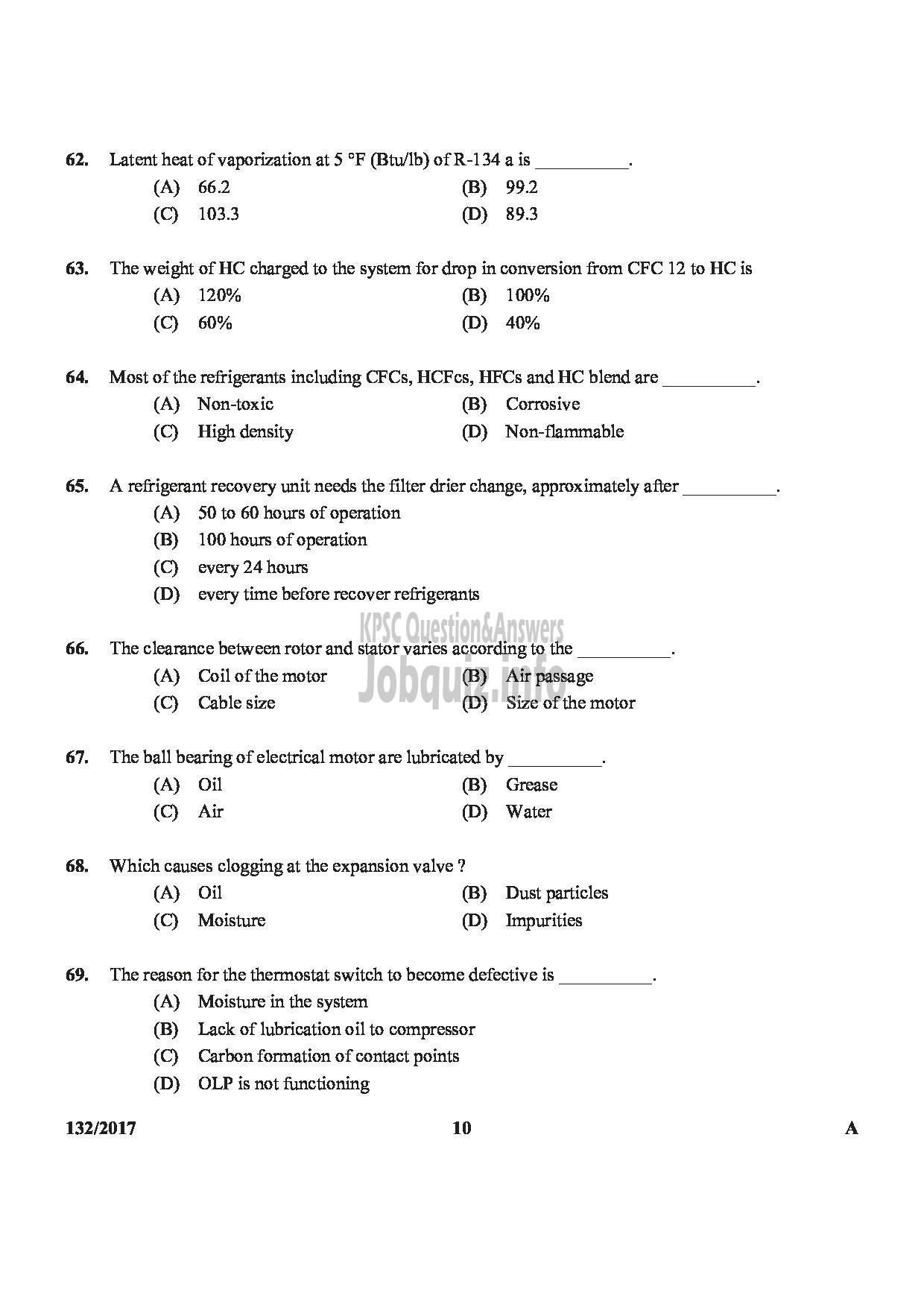 Kerala PSC Question Paper - A/C MECHANIC KTDC-10