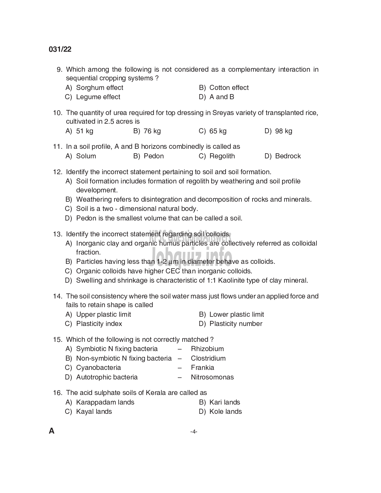 Kerala PSC Question Paper - Agricultural Officer/ Soil Survey Officer - Kerala State land Use Board/ Agriculture -4