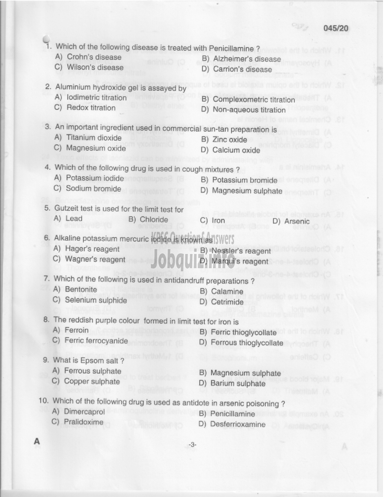 Kerala PSC Question Paper - Analyst Gr III - Drugs Control-1