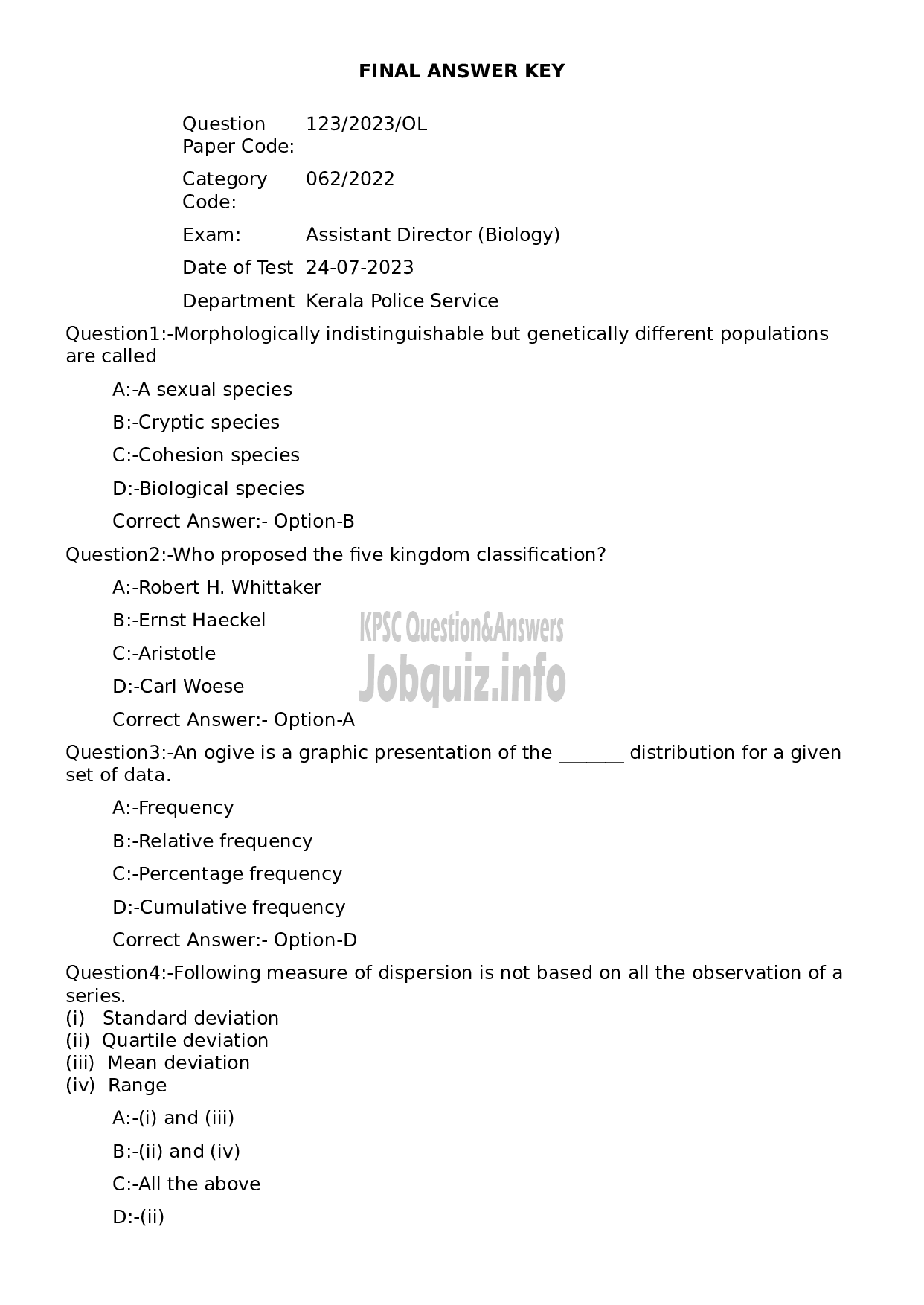 Kerala PSC Question Paper - Assistant Director (Biology)-1