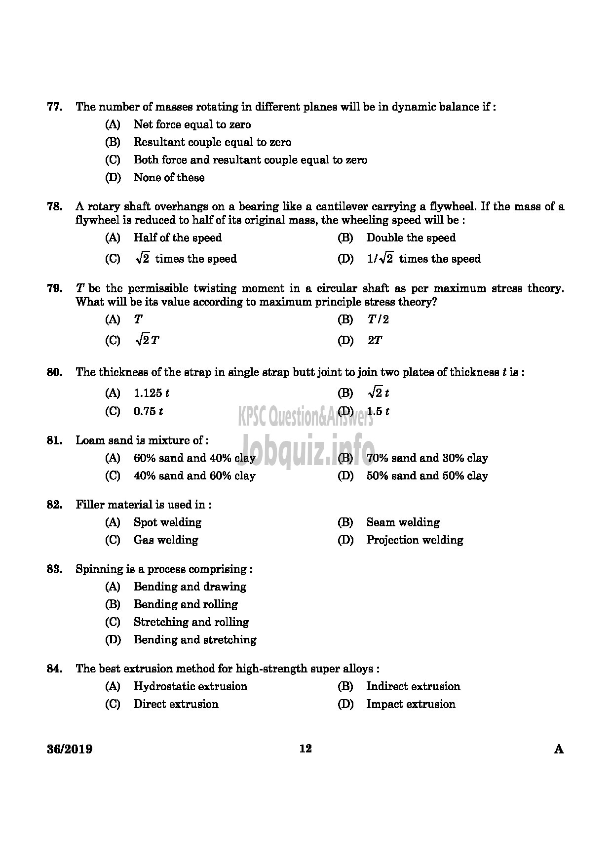 Kerala PSC Question Paper - Assistant Drilling Engineer Mining & Geology Medium of Question : English -10