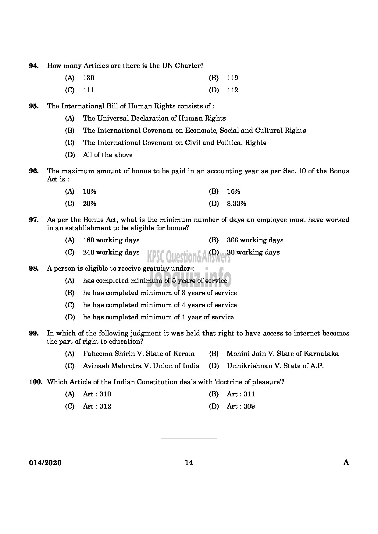 Kerala PSC Question Paper - Assistant Labour Officer Gr. II Labour Department-12