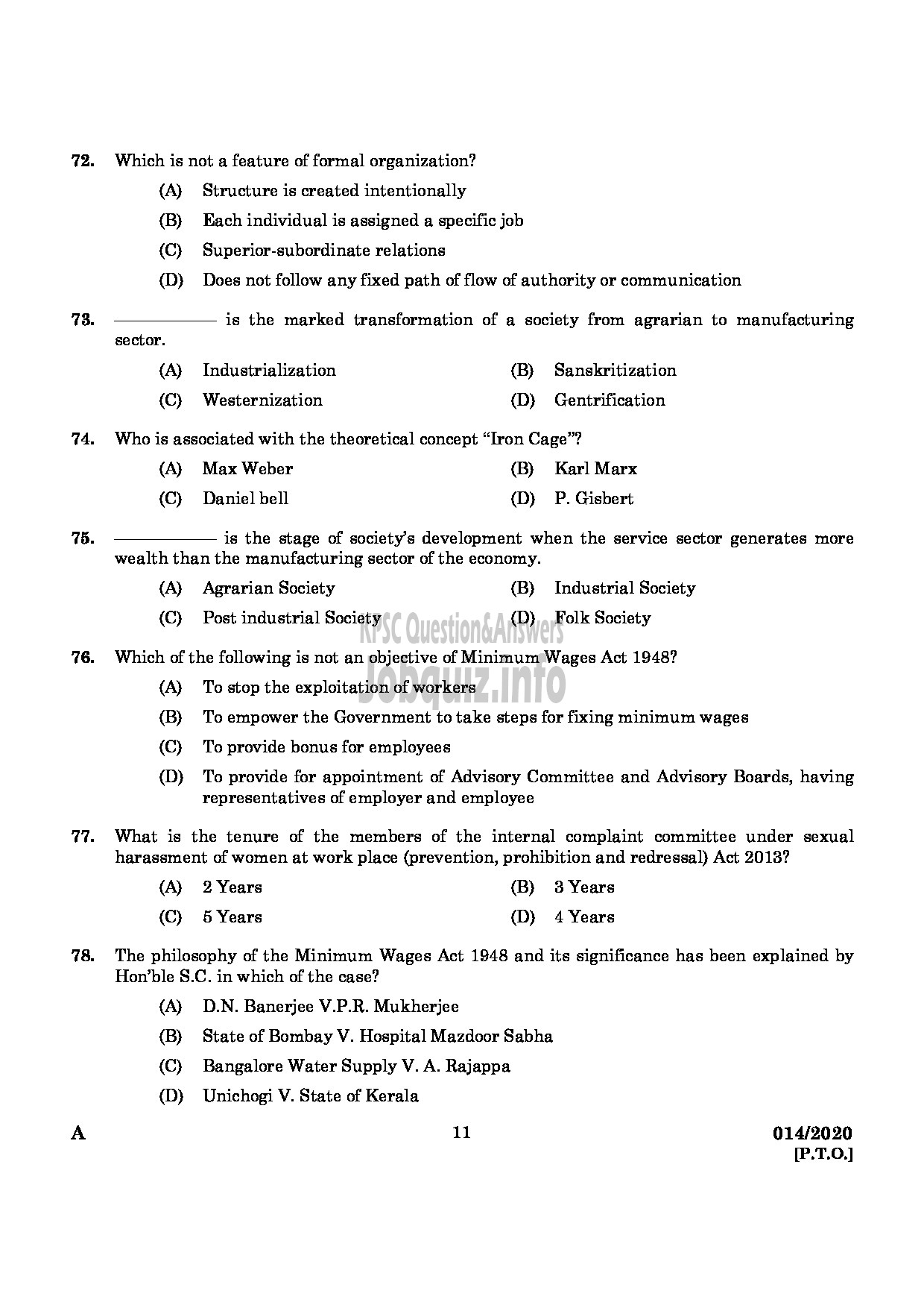 Kerala PSC Question Paper - Assistant Labour Officer Gr. II Labour Department-9