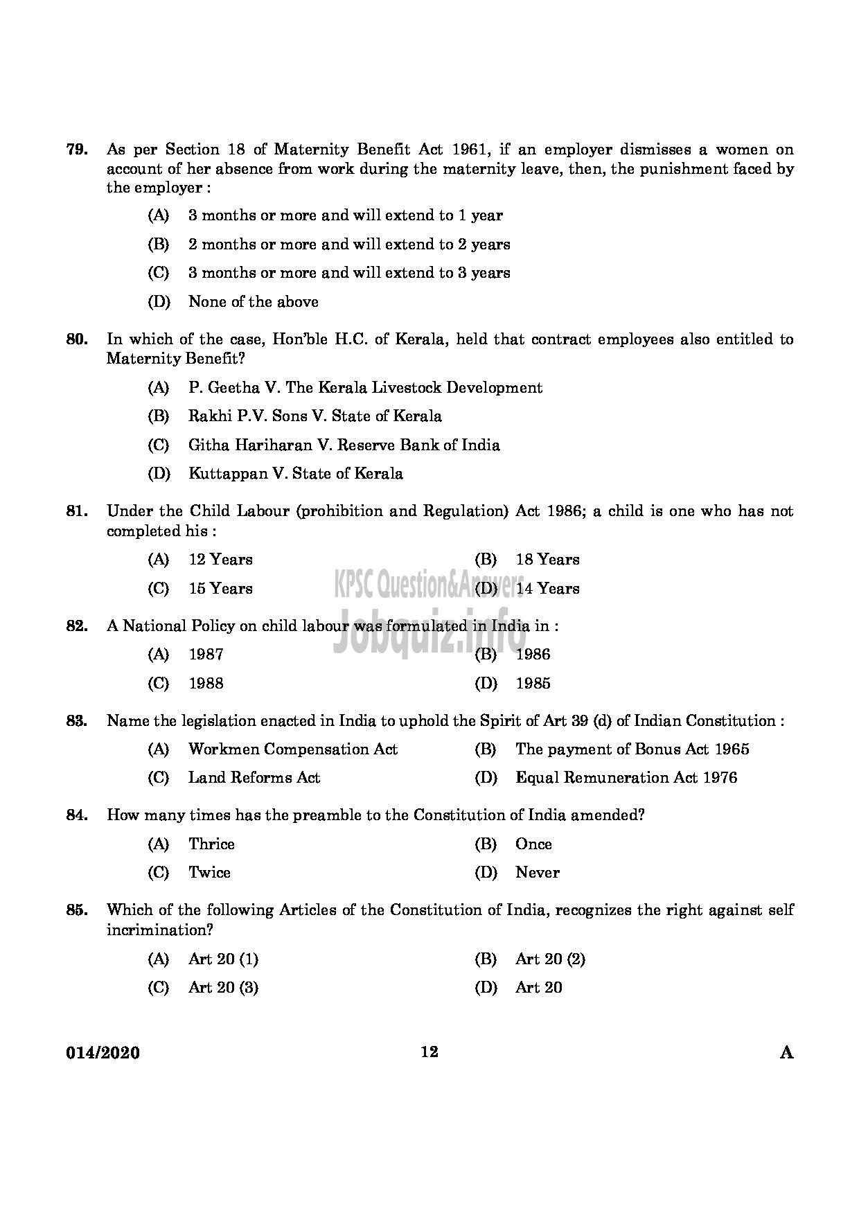 Kerala PSC Question Paper - Assistant Labour Officer Gr. II Labour Department-10