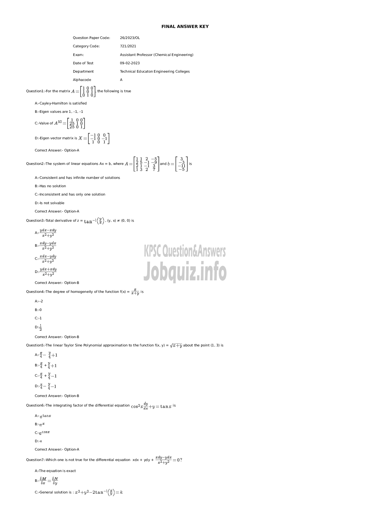 Kerala PSC Question Paper - Assistant Professor (Chemical Engineering)-1