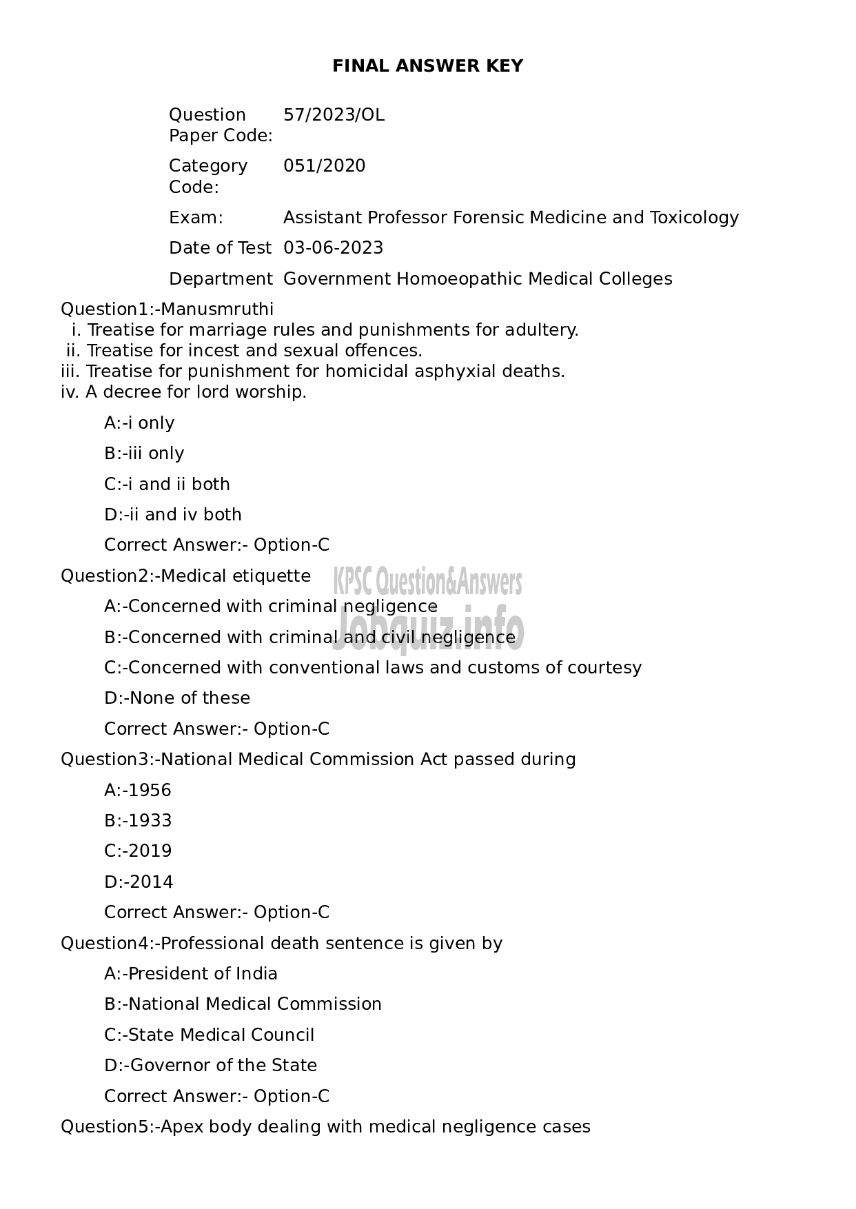 Kerala PSC Question Paper - Assistant Professor Forensic Medicine and Toxicology-1