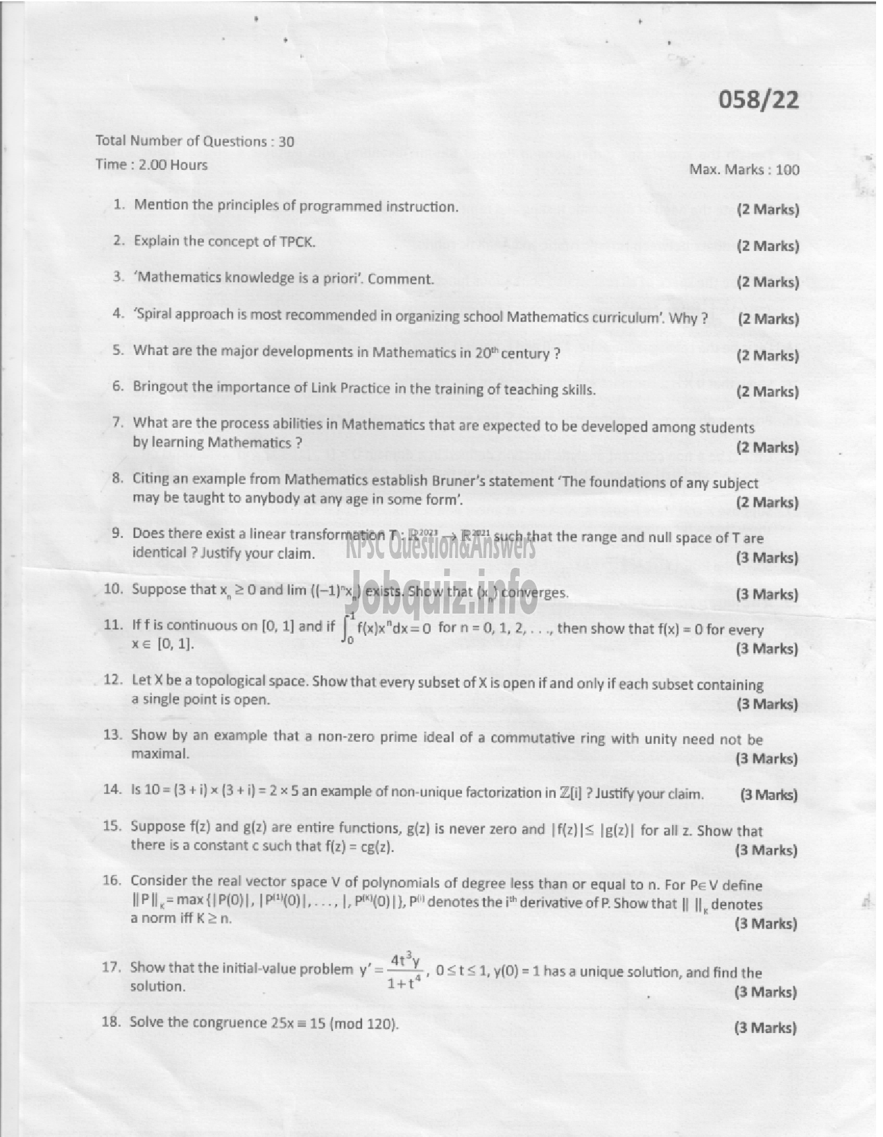 Kerala PSC Question Paper - Assistant Professor-Mathematics-1