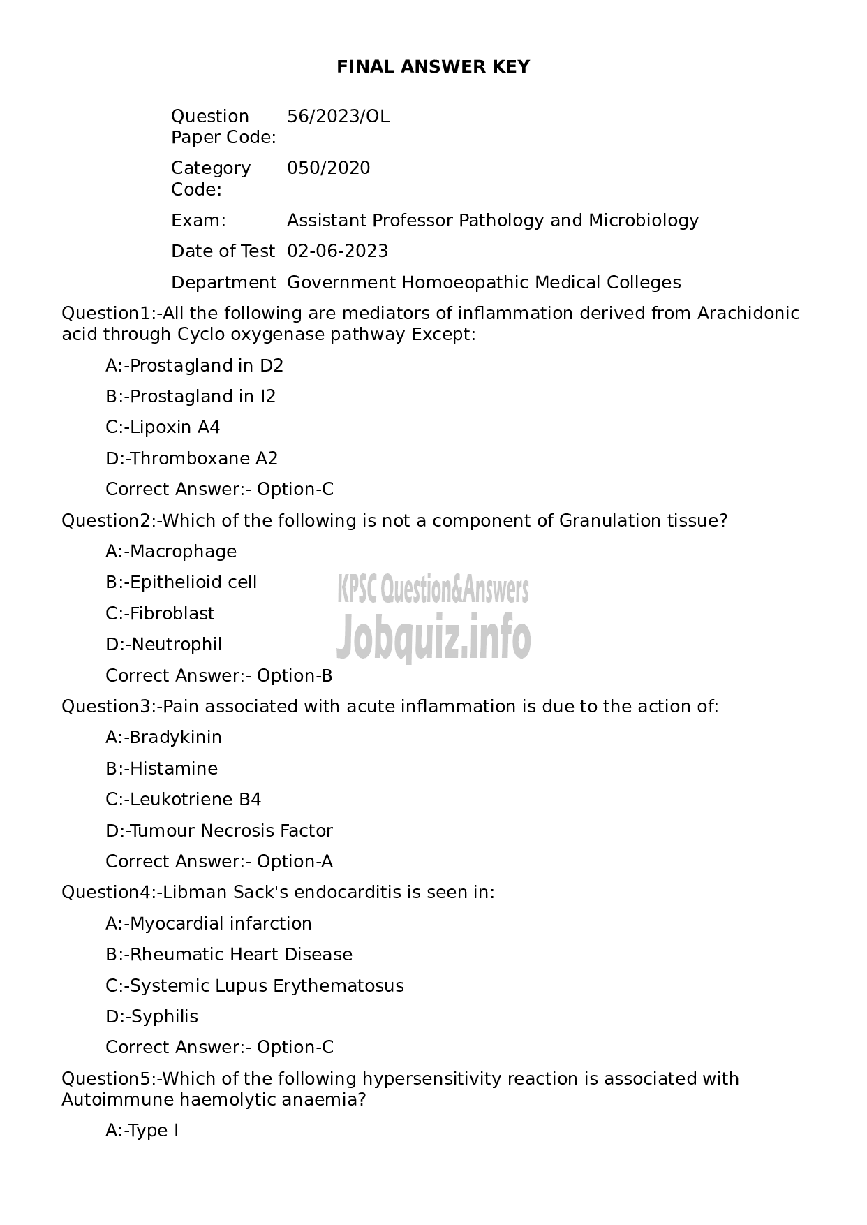 Kerala PSC Question Paper - Assistant Professor Pathology and Microbiology-1