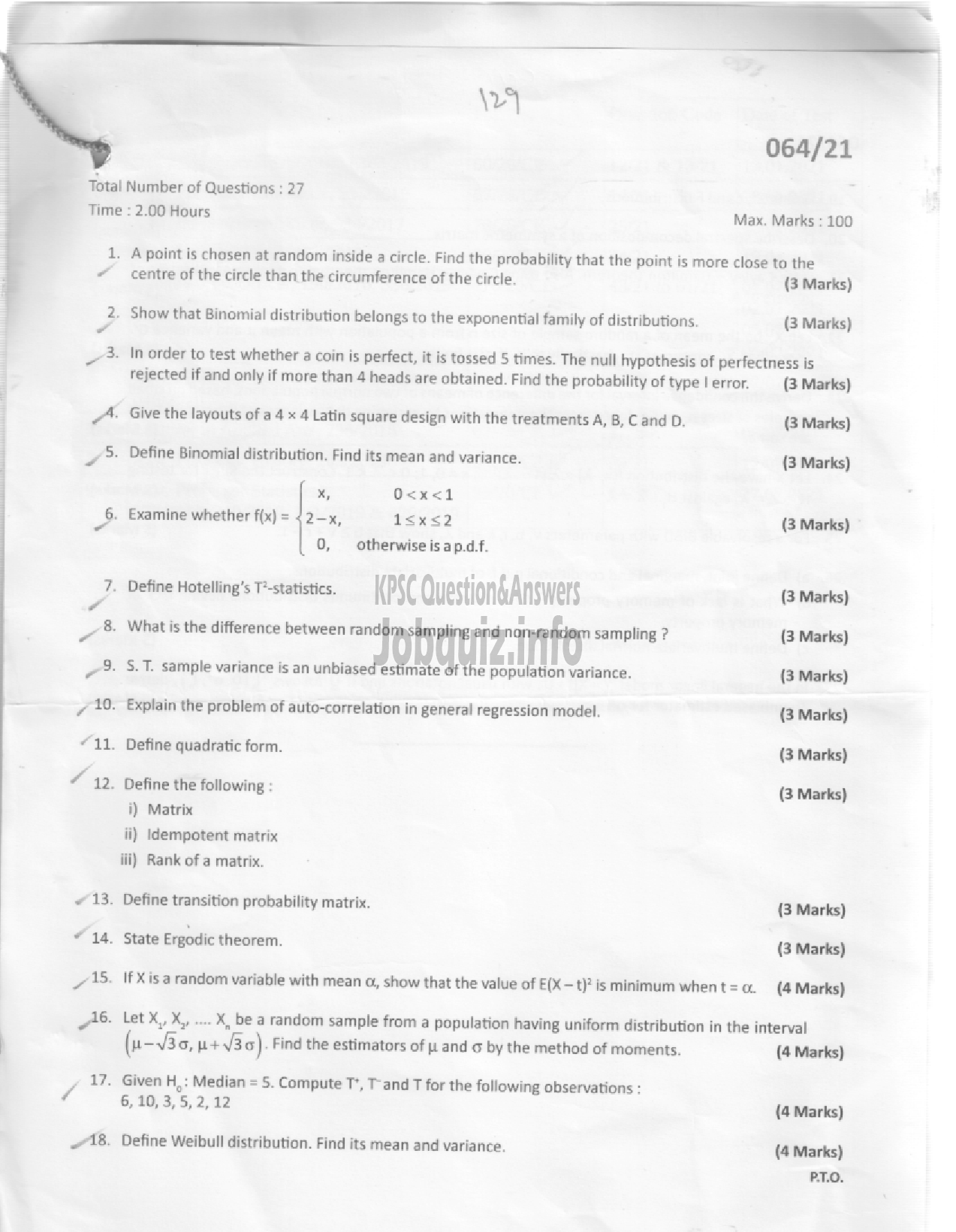 Kerala PSC Question Paper - Assistant Professor Statistics-1