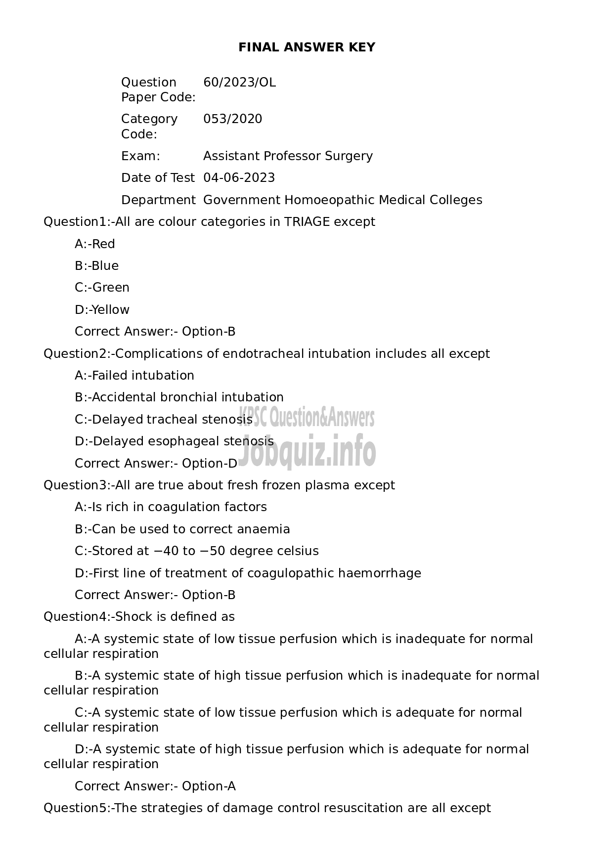 Kerala PSC Question Paper - Assistant Professor Surgery-1