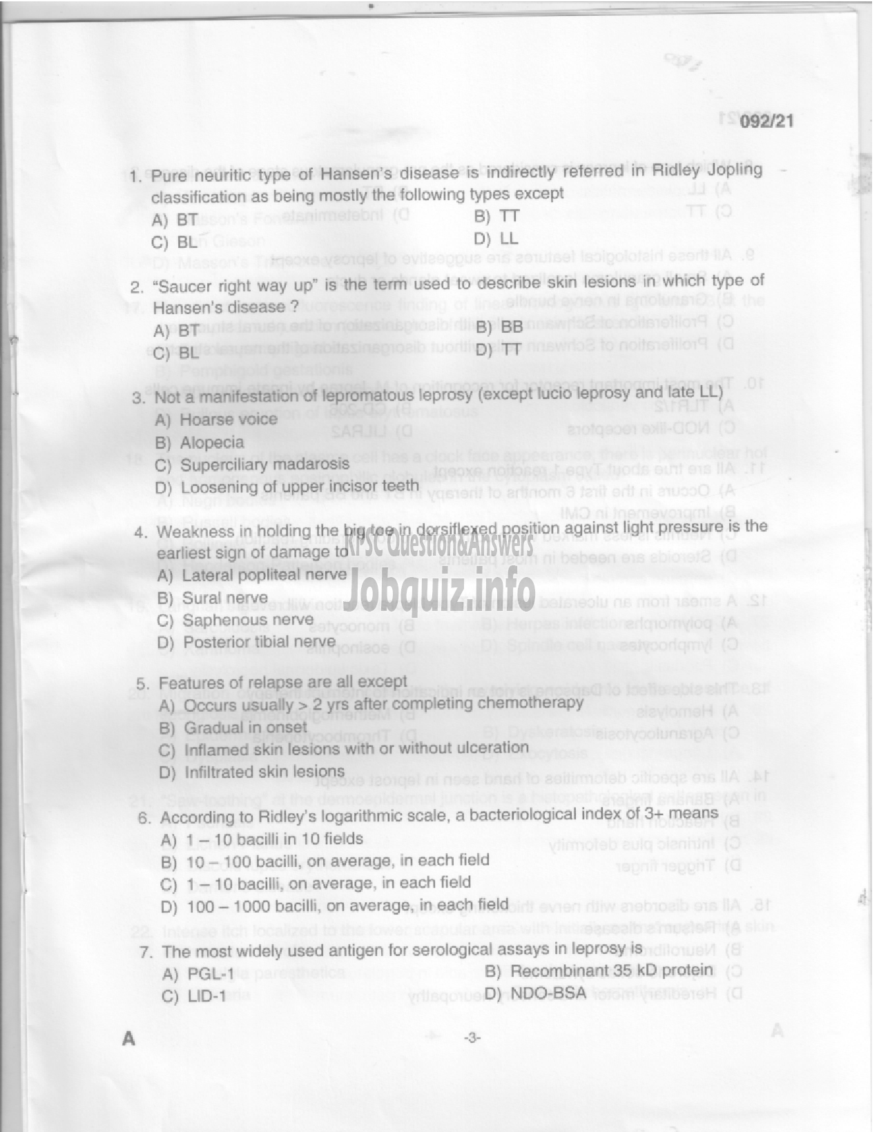 Kerala PSC Question Paper - Assistant Professor in Dermatology and Venereology in Medical Education Services (CAT.NO:322/2020) -1